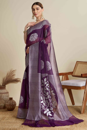 Purple Elegance Soft Cotton Silk Saree with Beautifully Woven Floral Designs