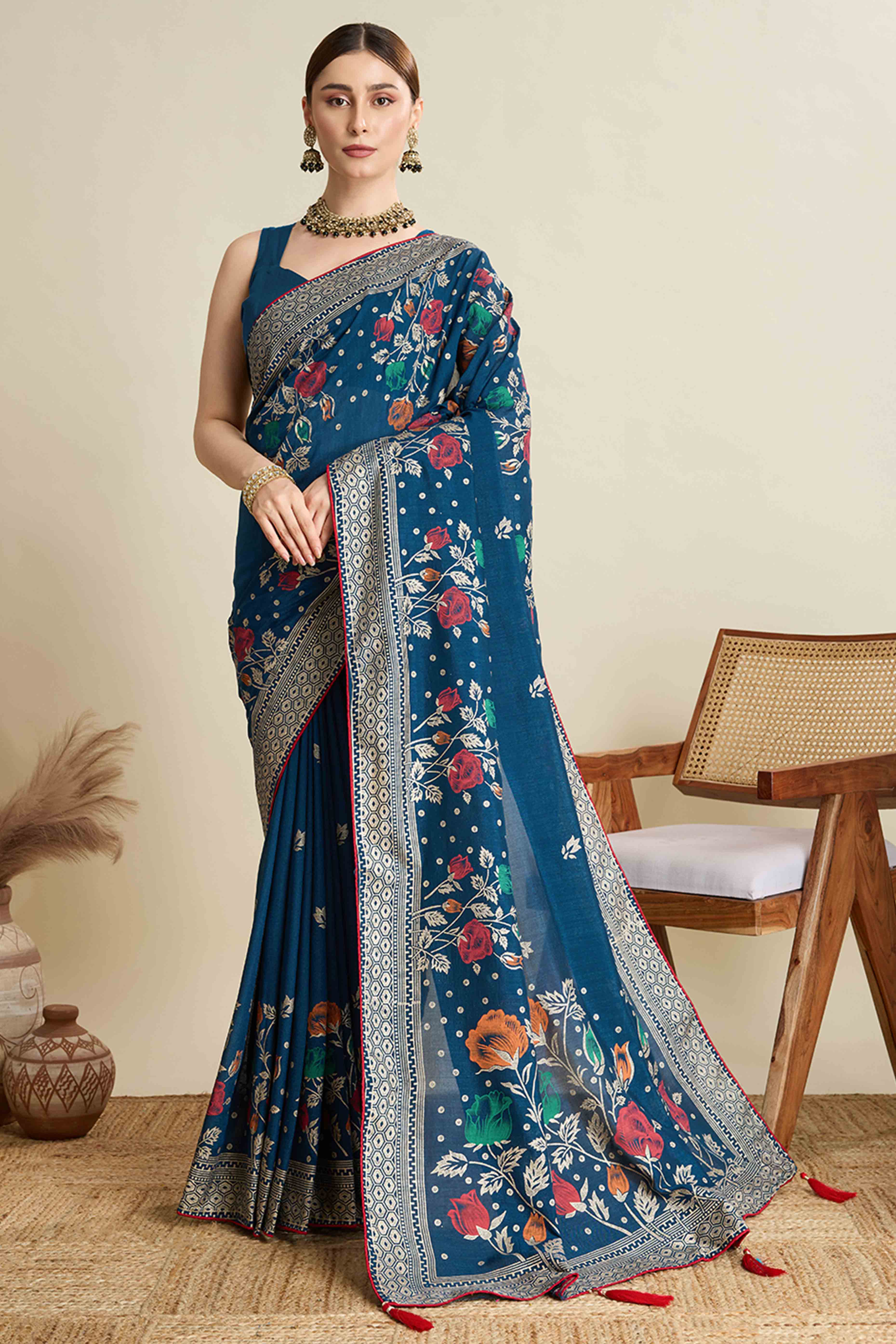 Teal Lightweight Cotton Silk Saree with Delicate Paisley Prints