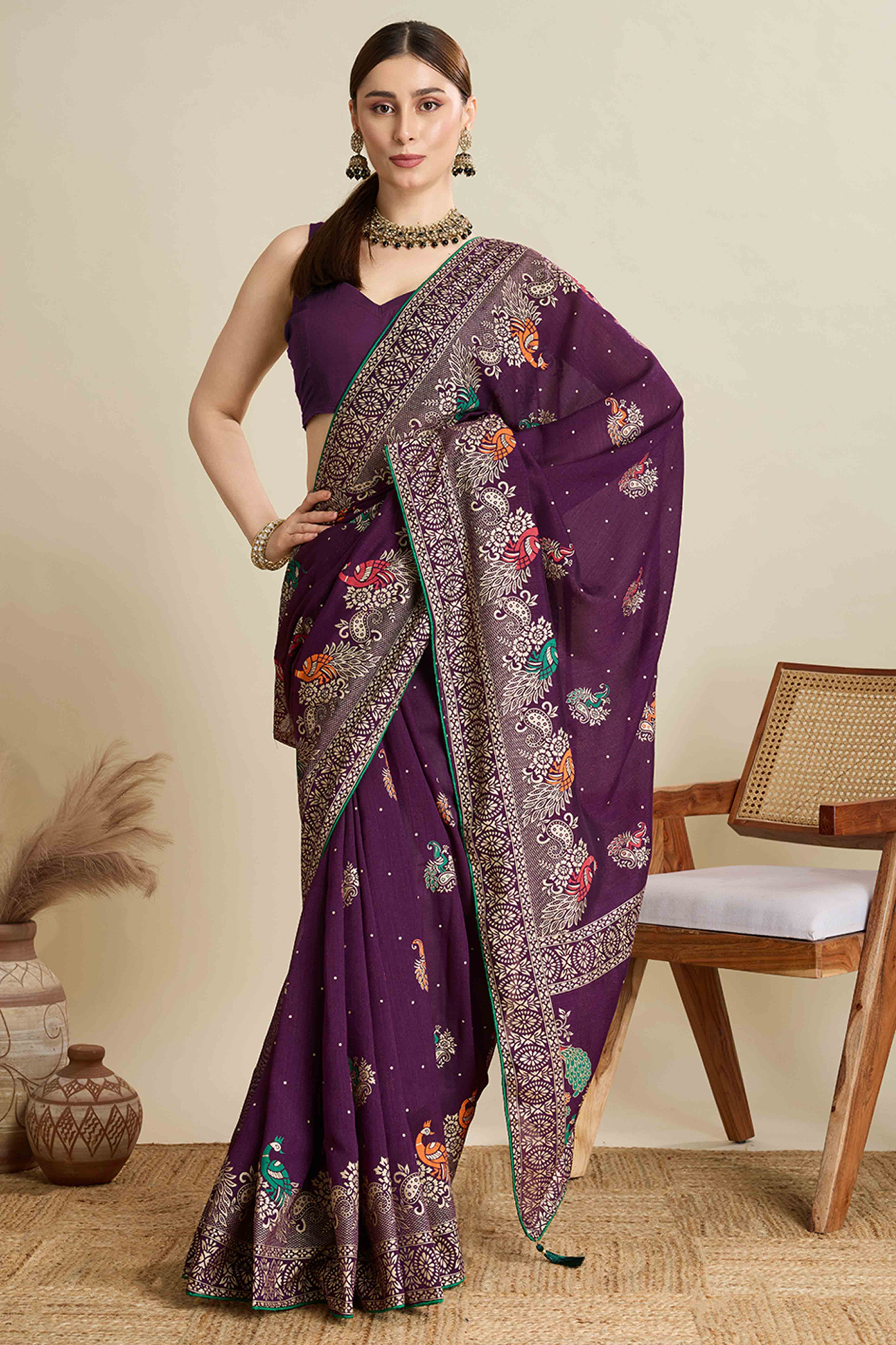 Purple Lightweight Cotton Silk Saree with Delicate Paisley Prints