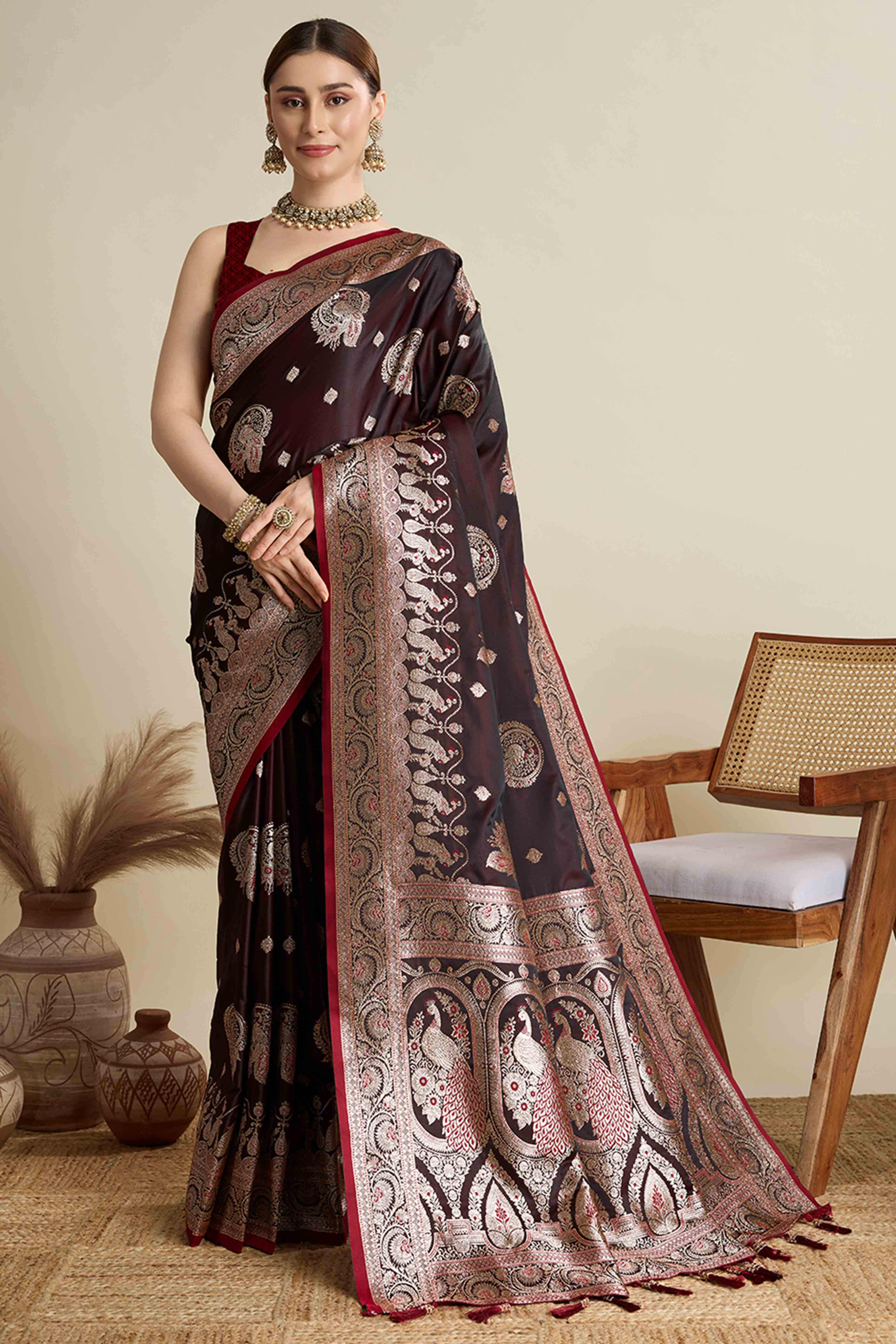 Wine Pure Silk Saree Featuring Traditional Banarasi Zari Weaving Patterns