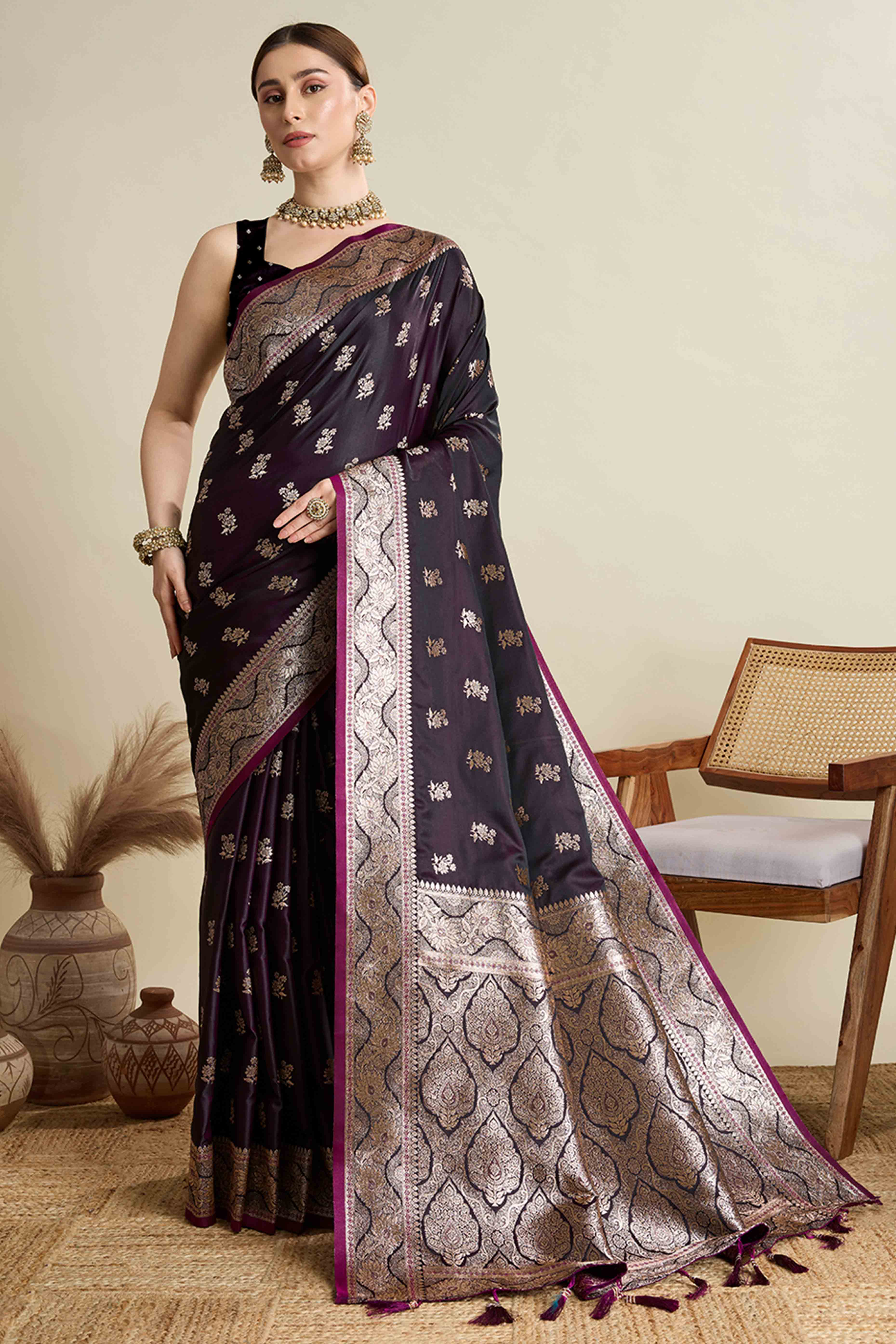 Wine Pure Silk Saree Featuring Traditional Banarasi Zari Weaving Patterns