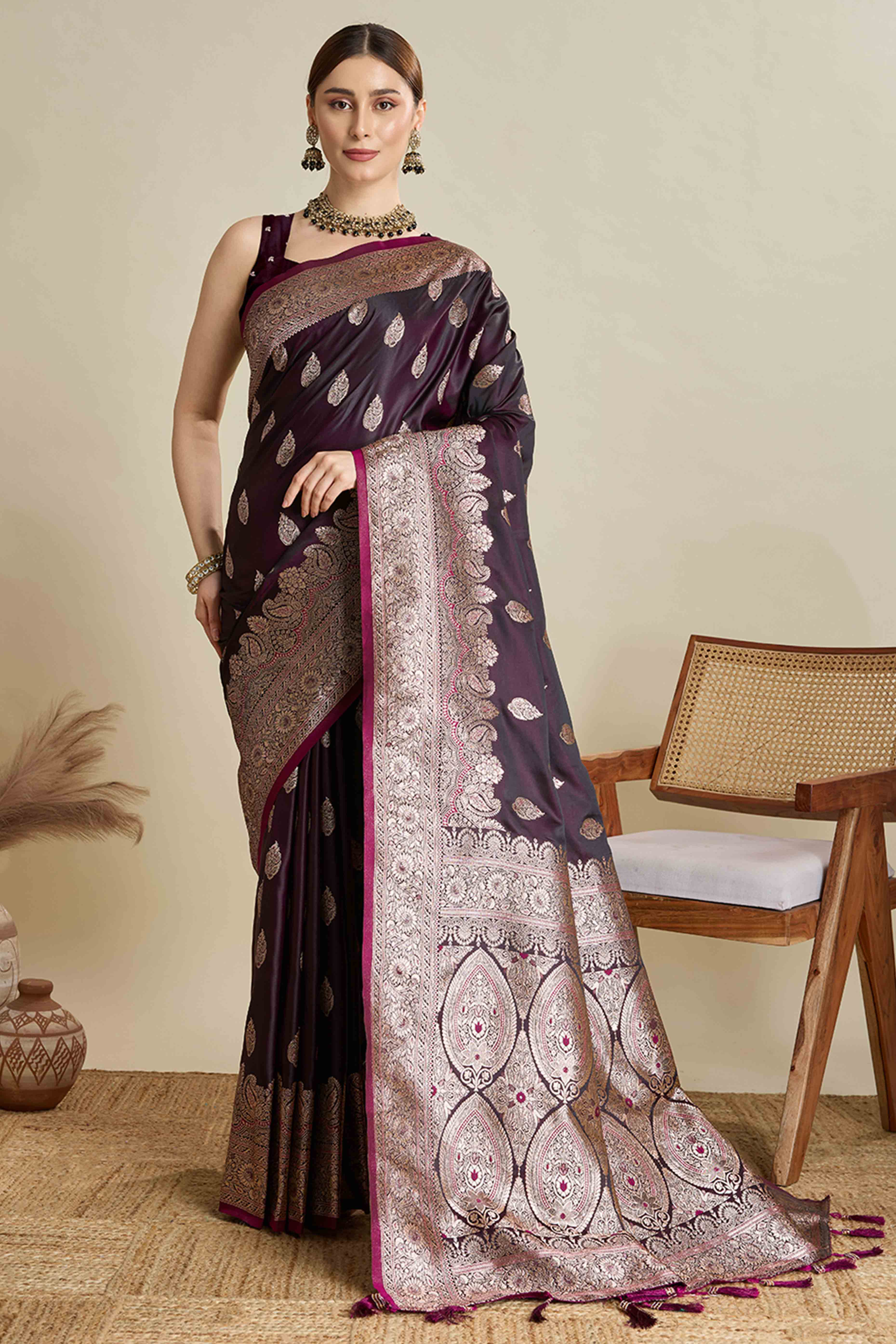 Wine Pure Silk Saree Featuring Traditional Banarasi Zari Weaving Patterns