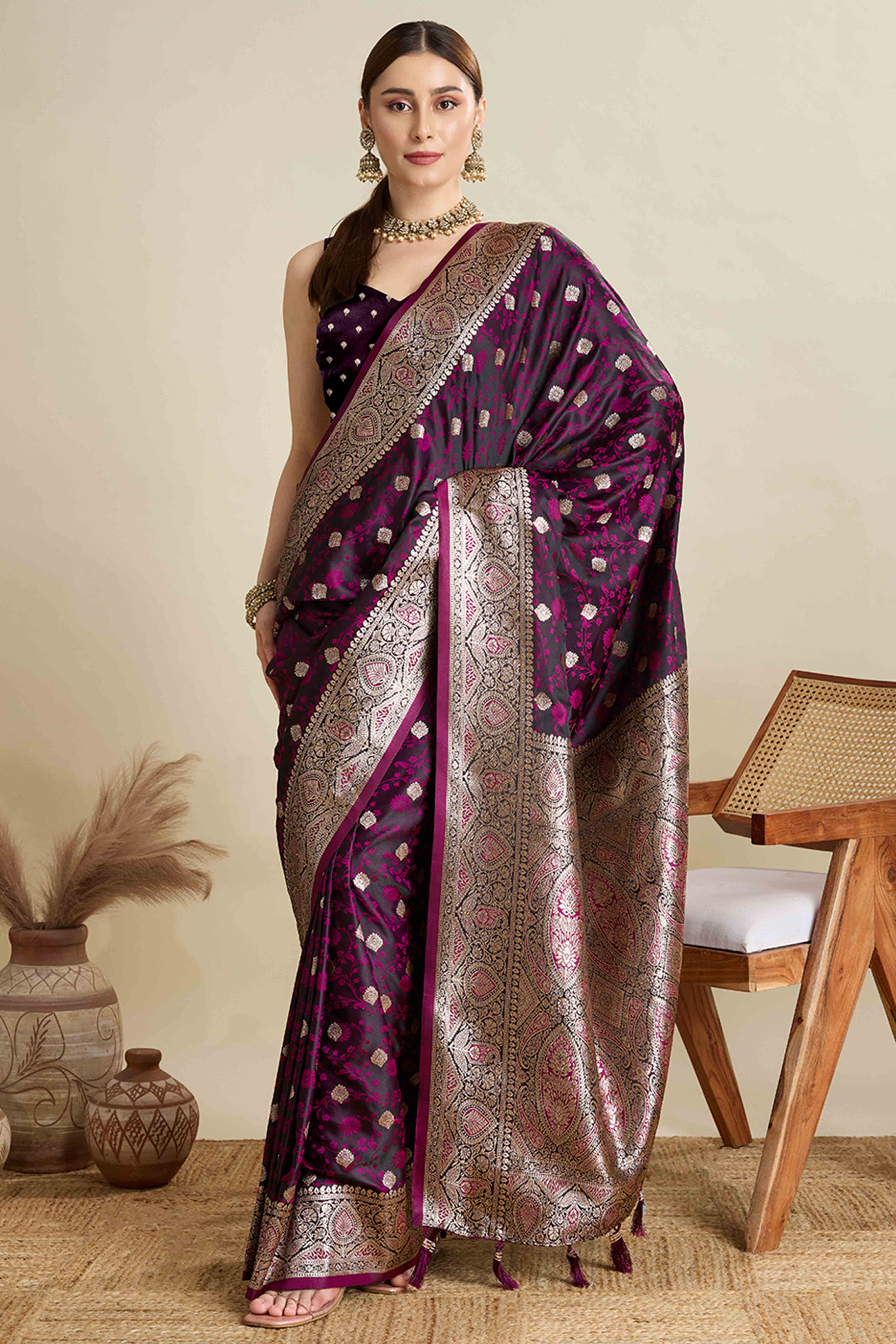 Wine Pure Silk Saree Featuring Traditional Banarasi Zari Weaving Patterns