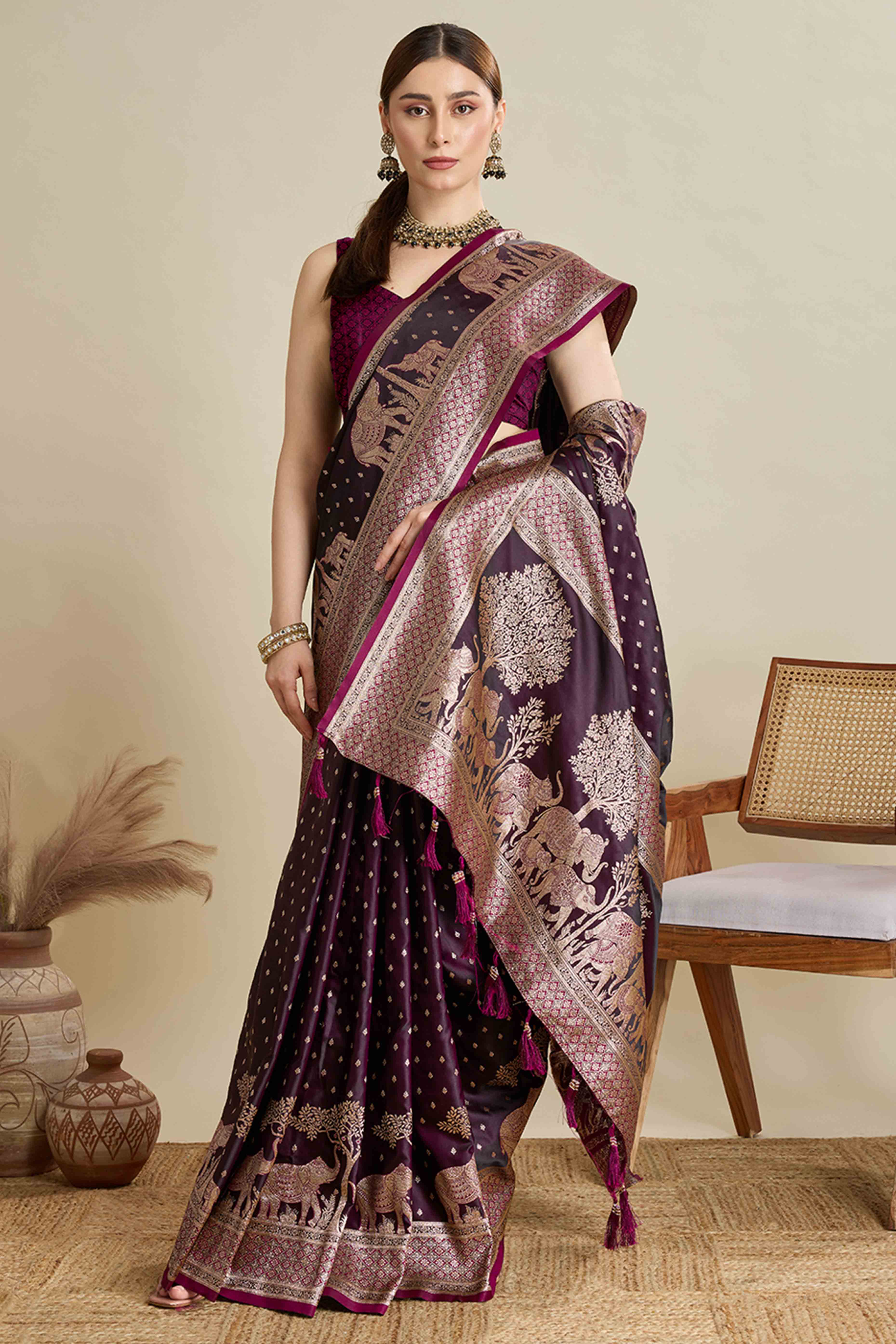 Wine Pure Silk Saree Featuring Traditional Banarasi Zari Weaving Patterns