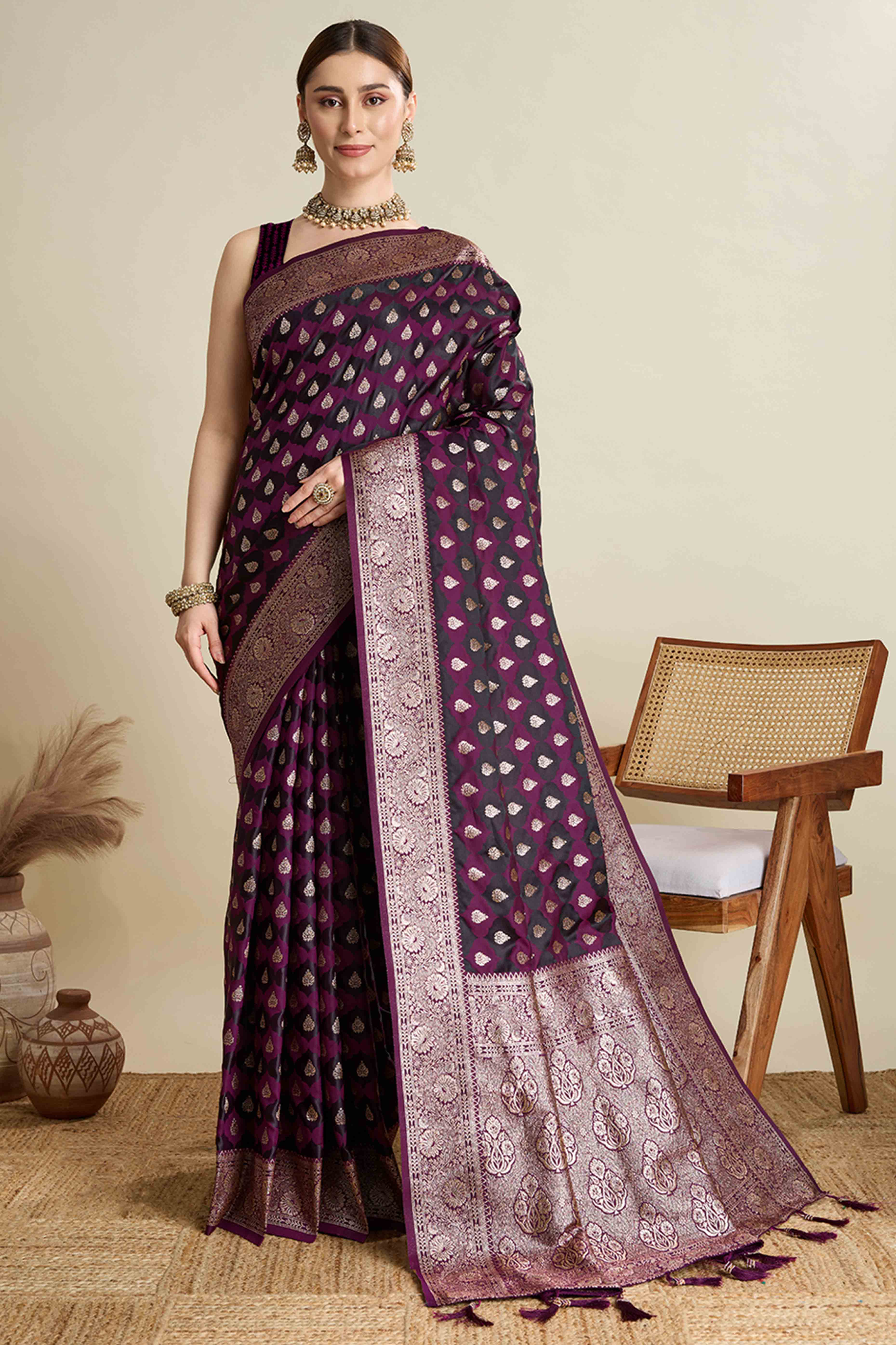 Wine Pure Silk Saree Featuring Traditional Banarasi Zari Weaving Patterns