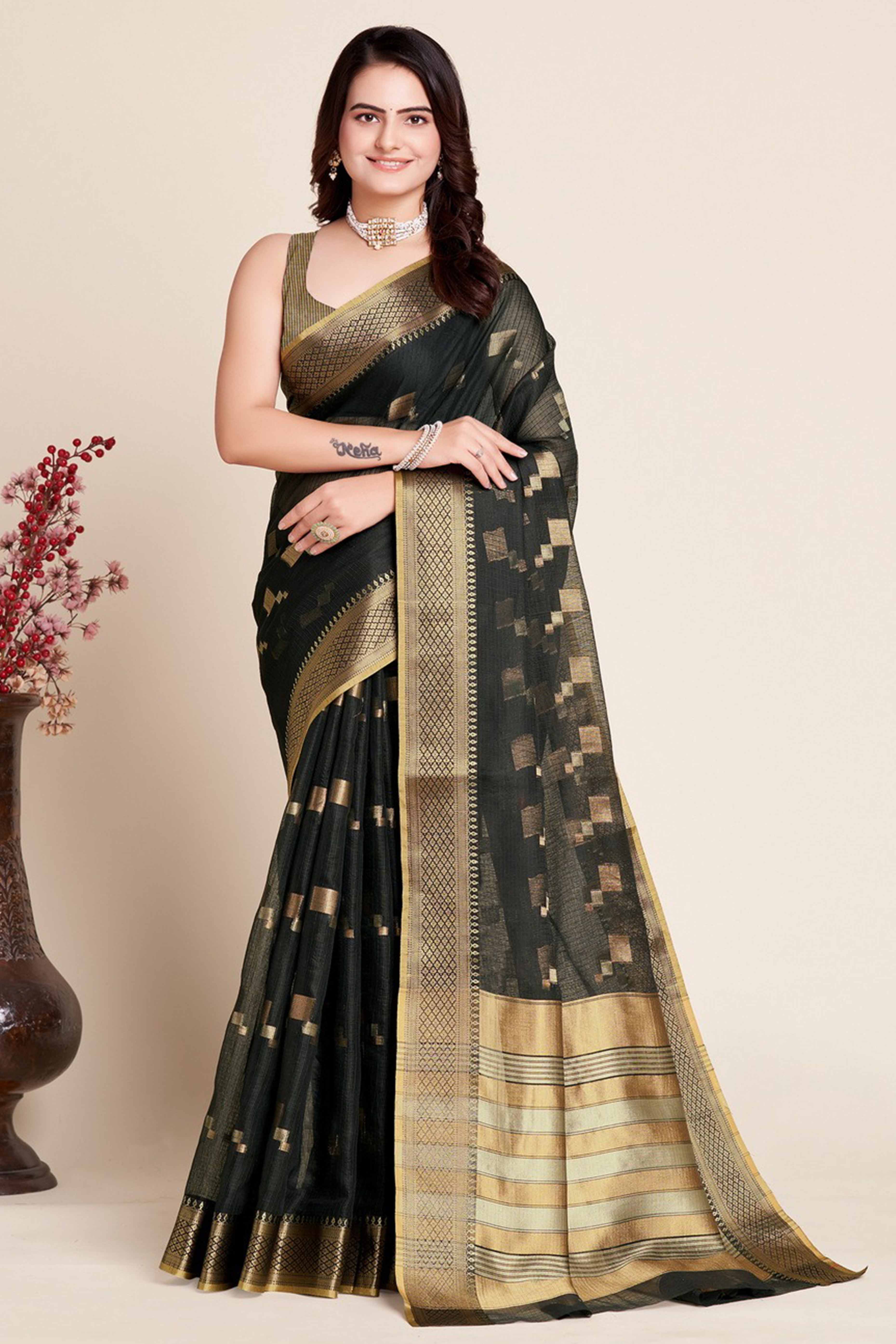 Black Zari Weaving Kota Doria Saree