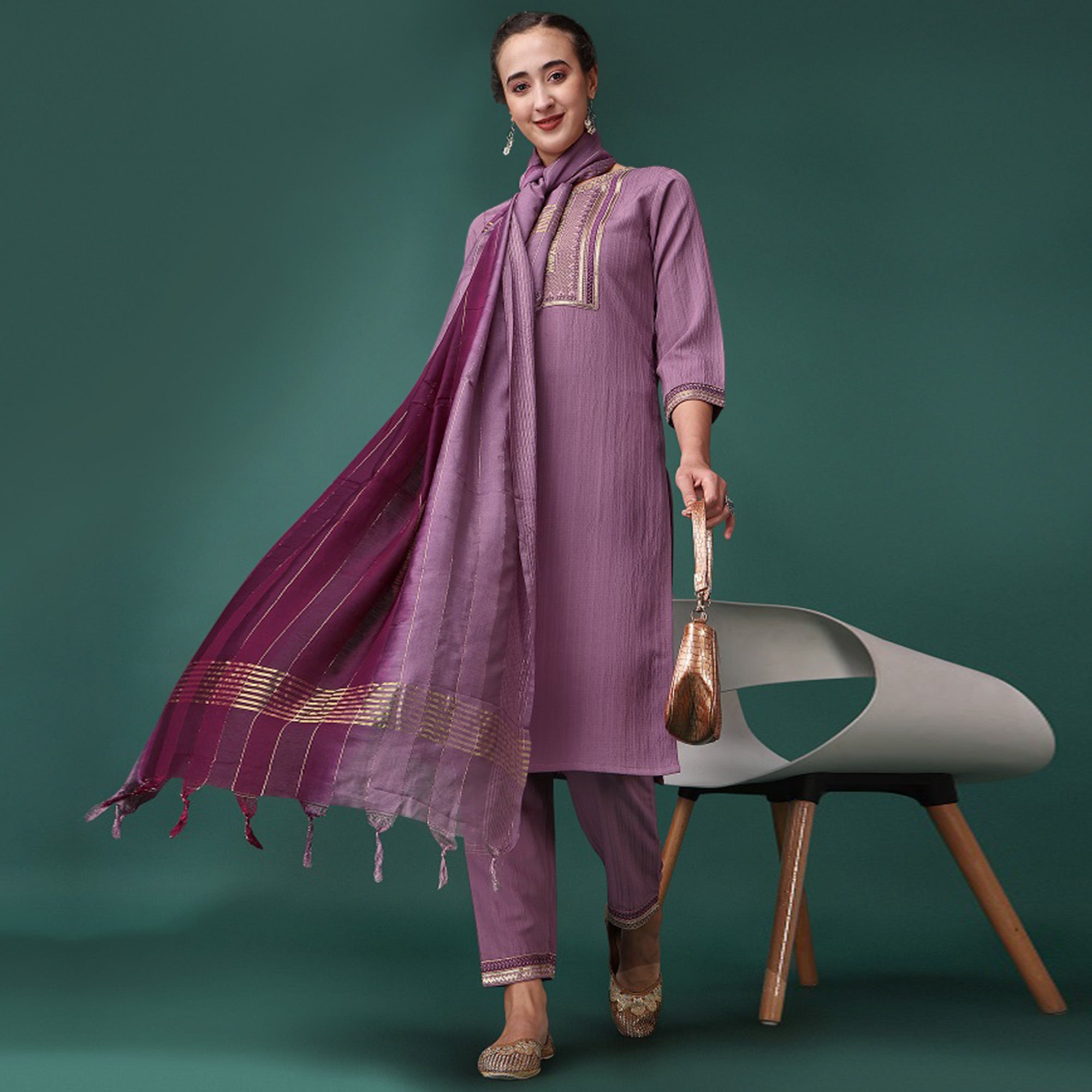 Purple Embroidered Cotton Silk Kurti Set