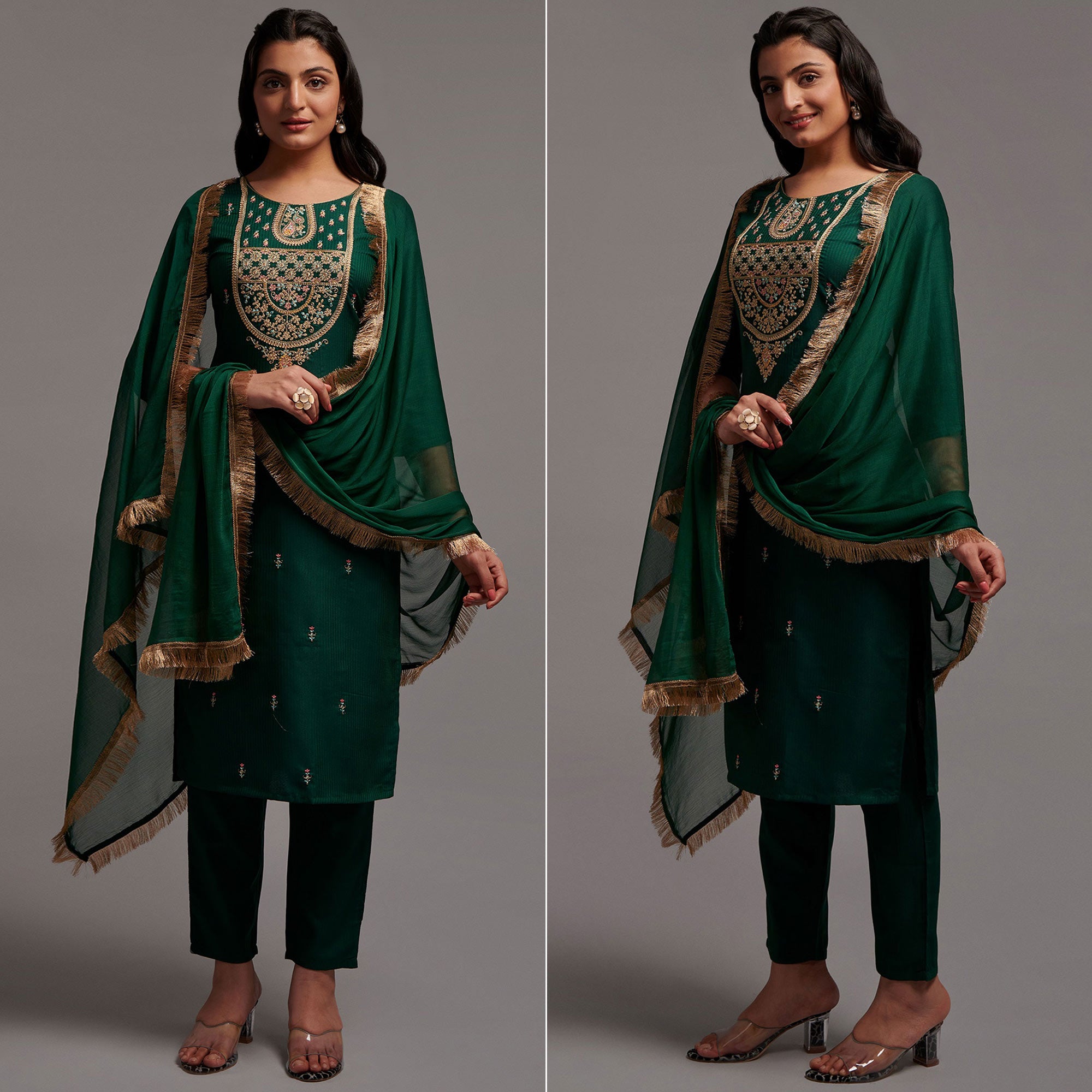 Green Floral Embroidered Viscose Kurti Set