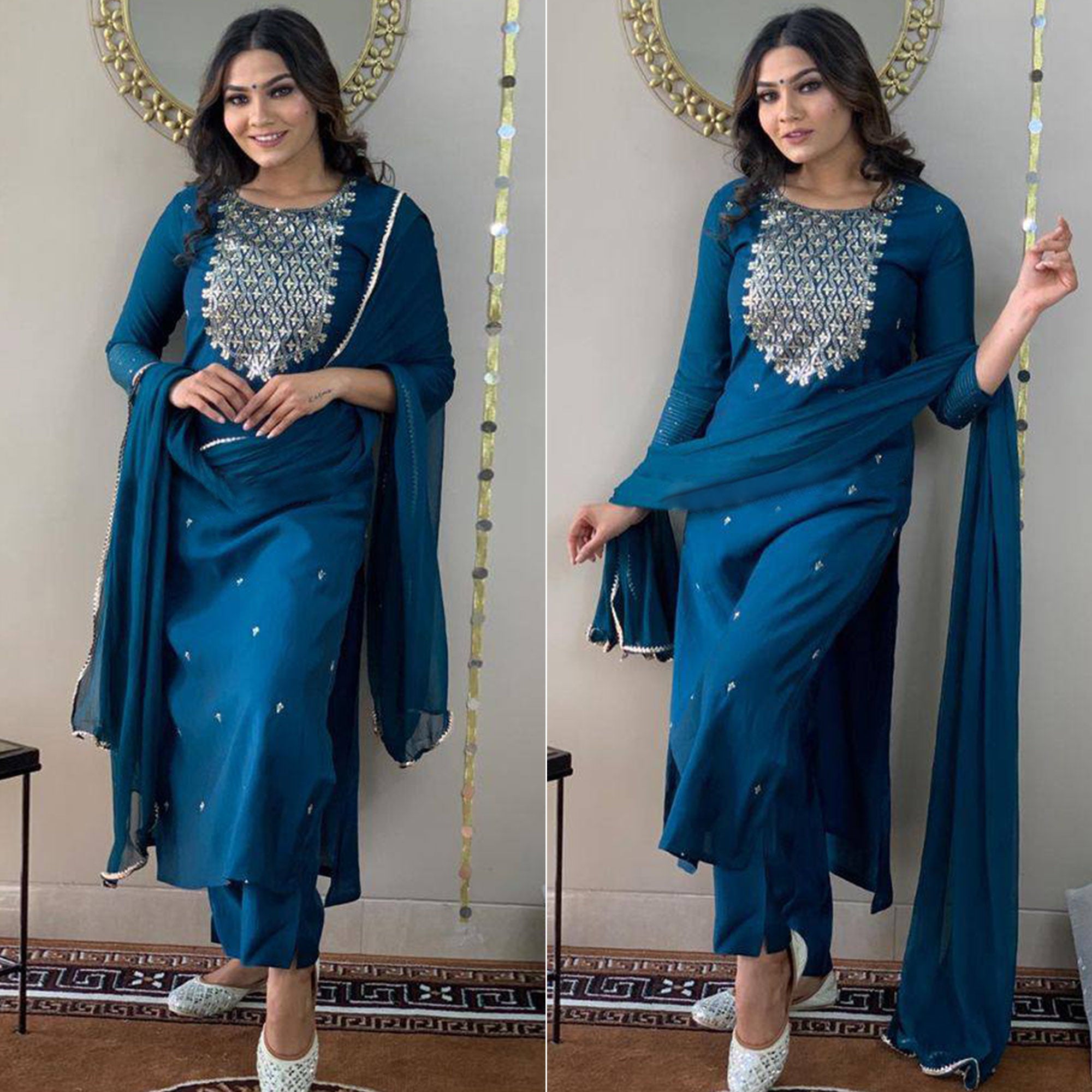 Blue Sequins Embroidered Rayon Kurti Set