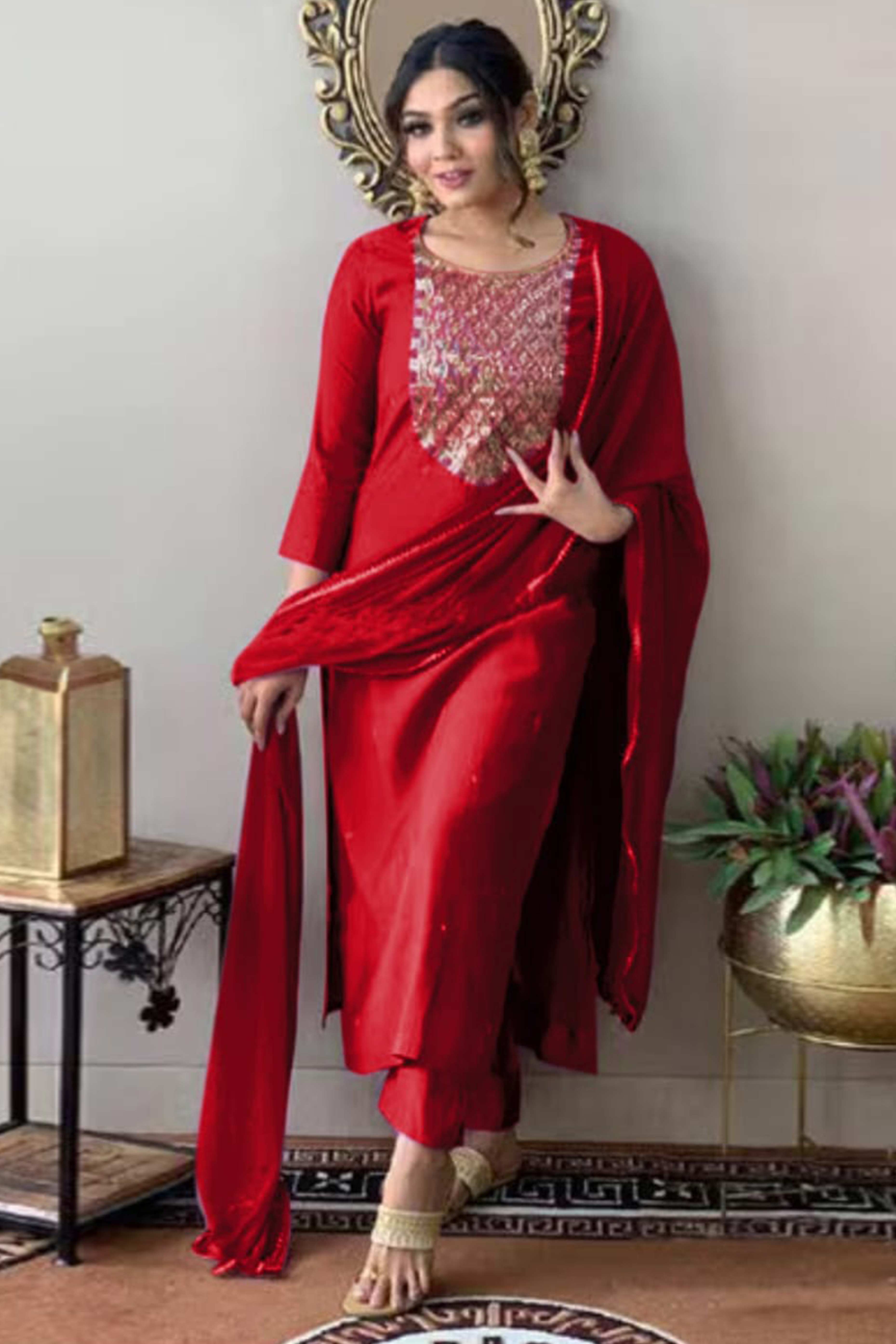 Red Sequins Embroidered Rayon Salwar Suit