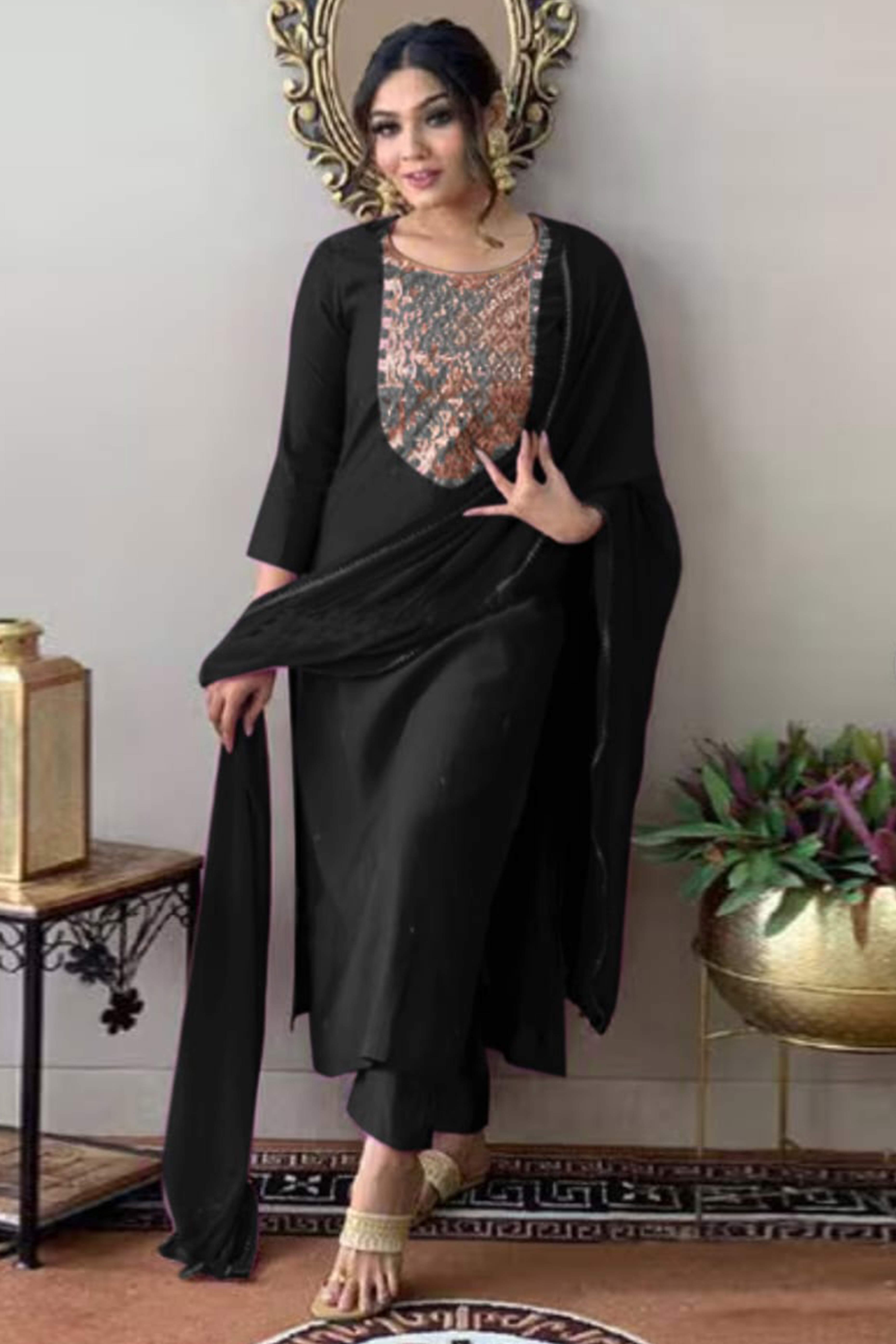 Black Sequins Embroidered Rayon Salwar Suit