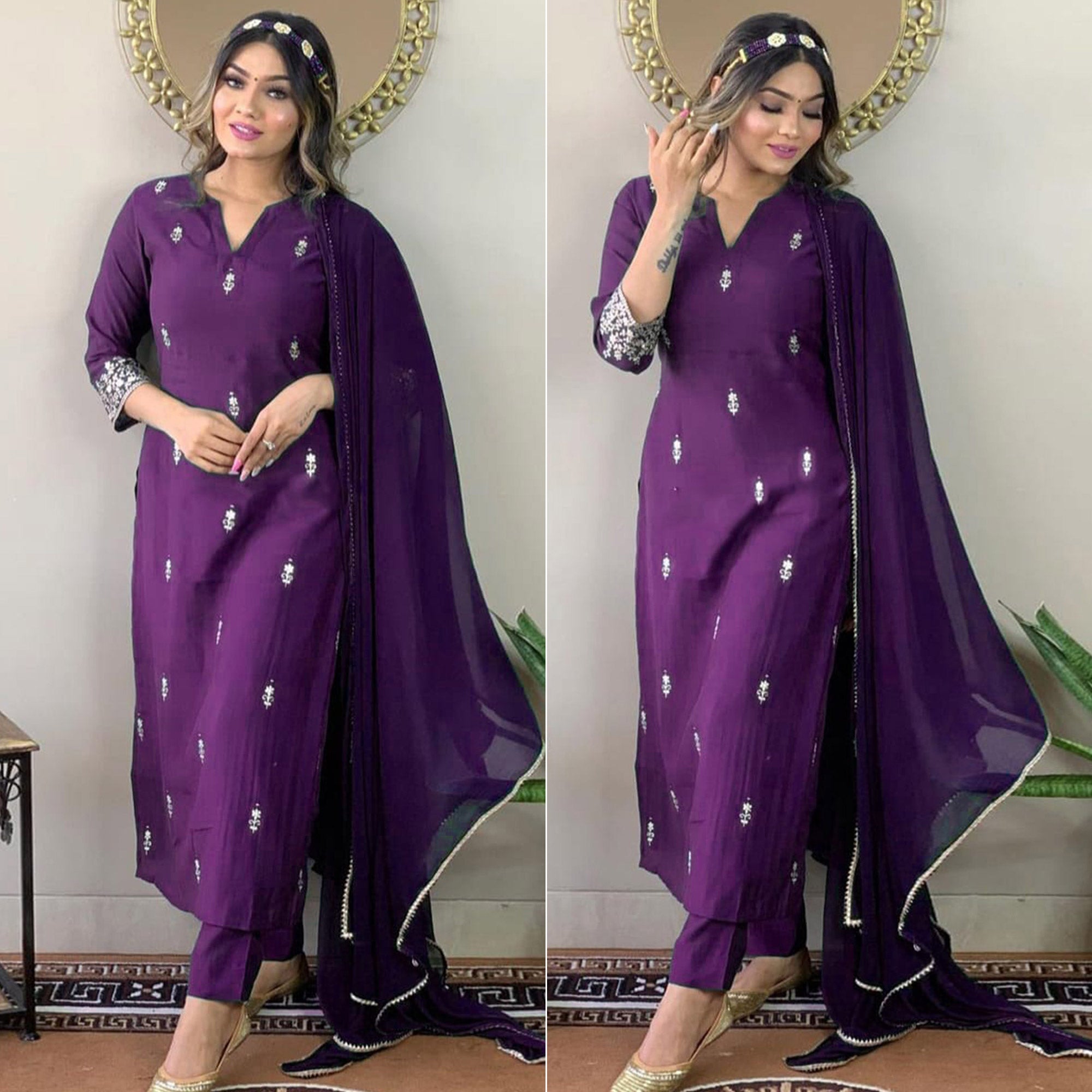 Purple Floral Embroidered Viscose Kurti Set