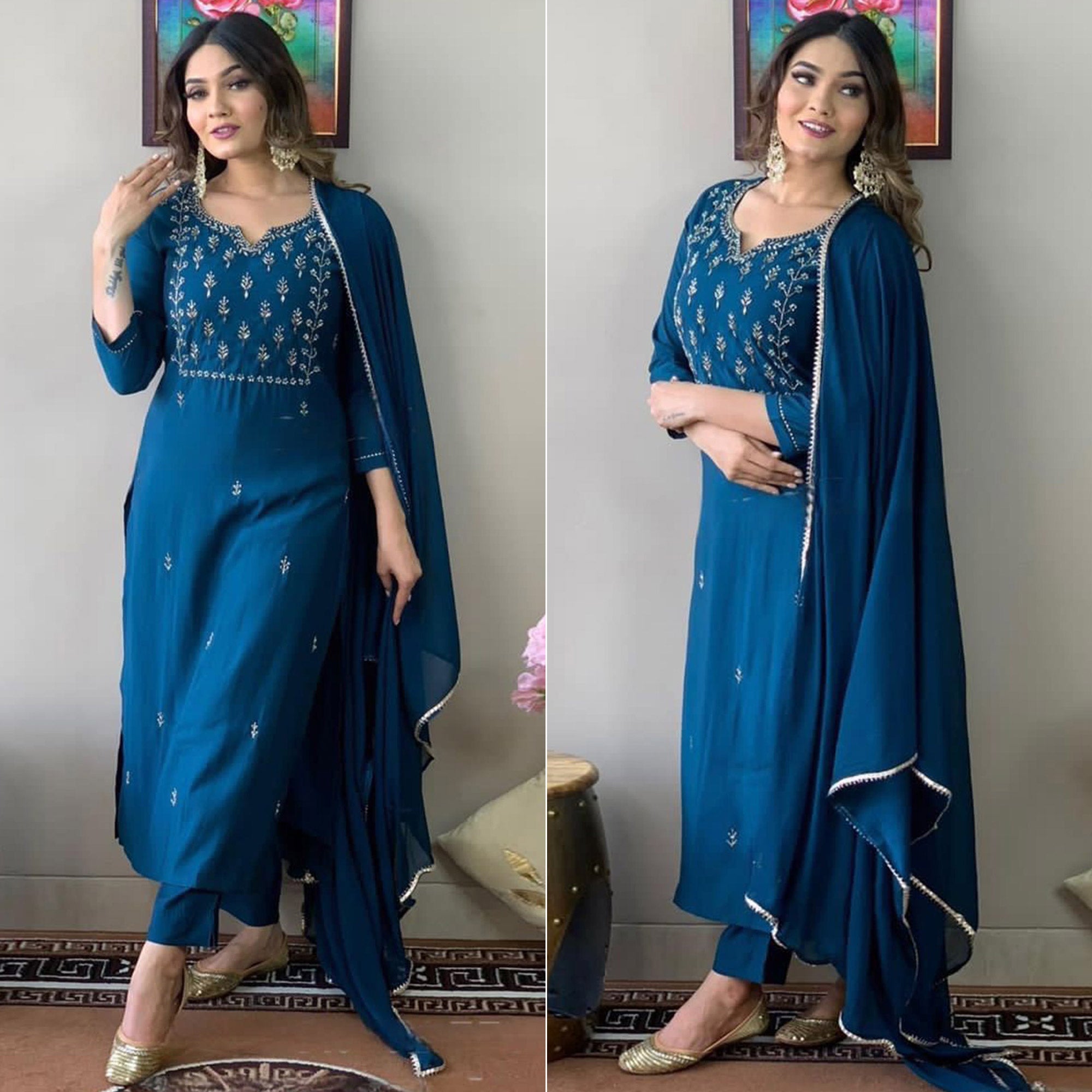 Blue Embroidered Rayon Suit