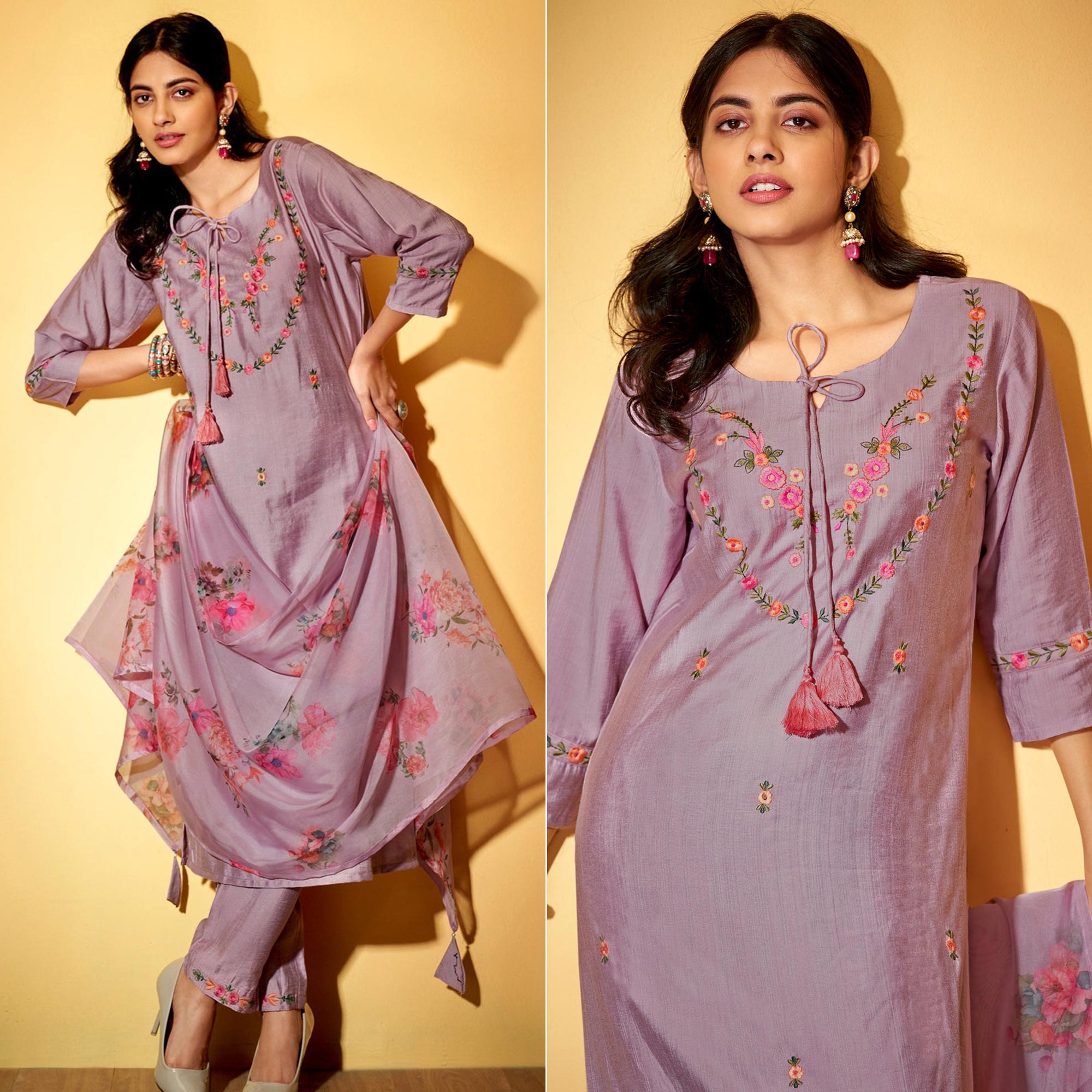 Purple Floral Embroidered Viscose Suit