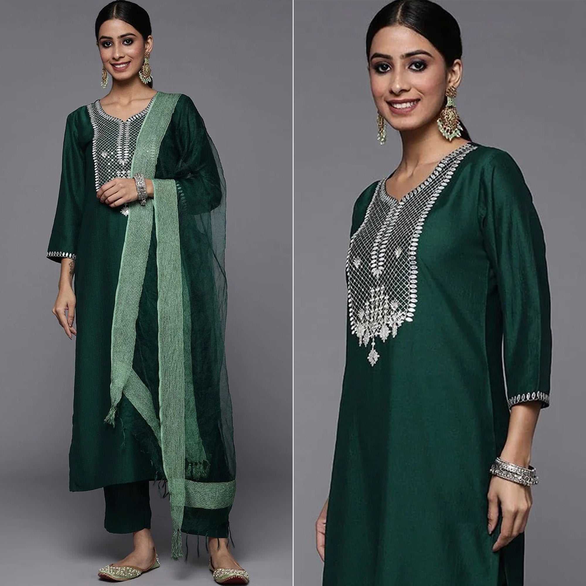 Green Embroidered Rayon Silk Kurti Set