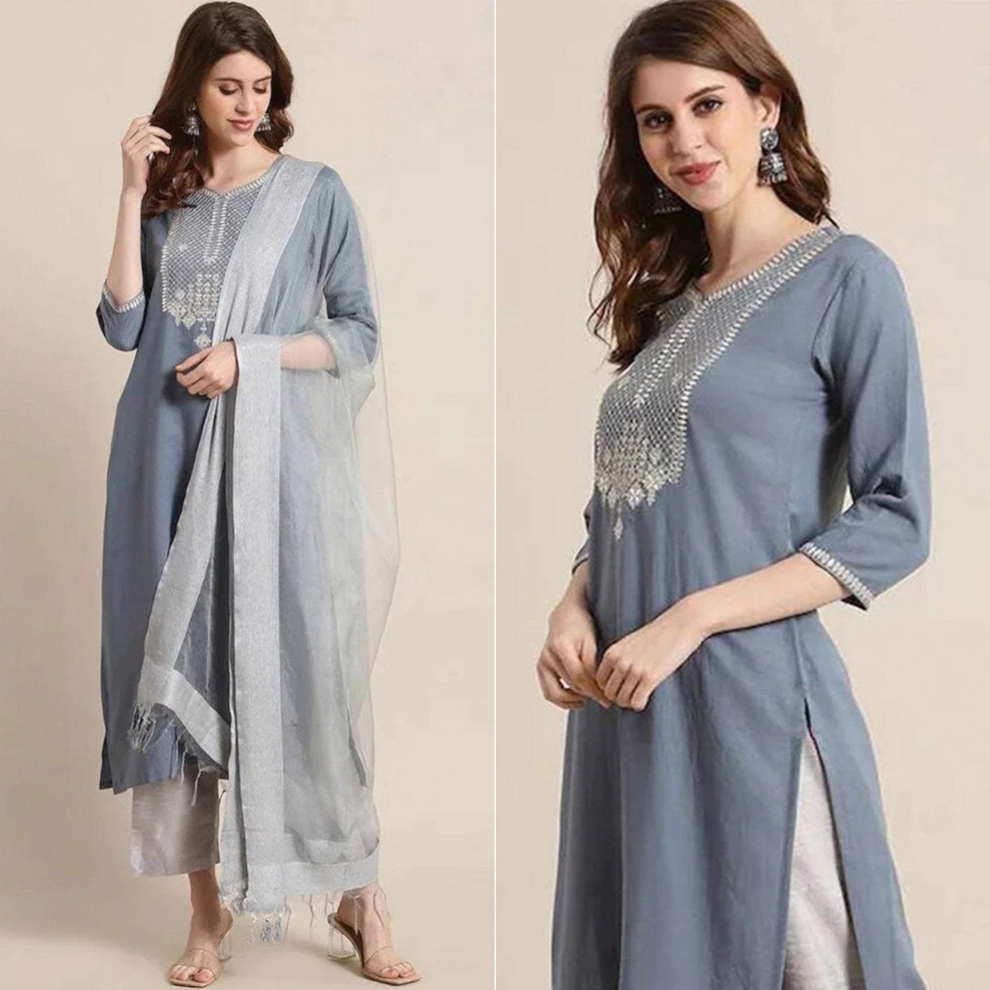 Grey Embroidered Rayon Silk Kurti Set