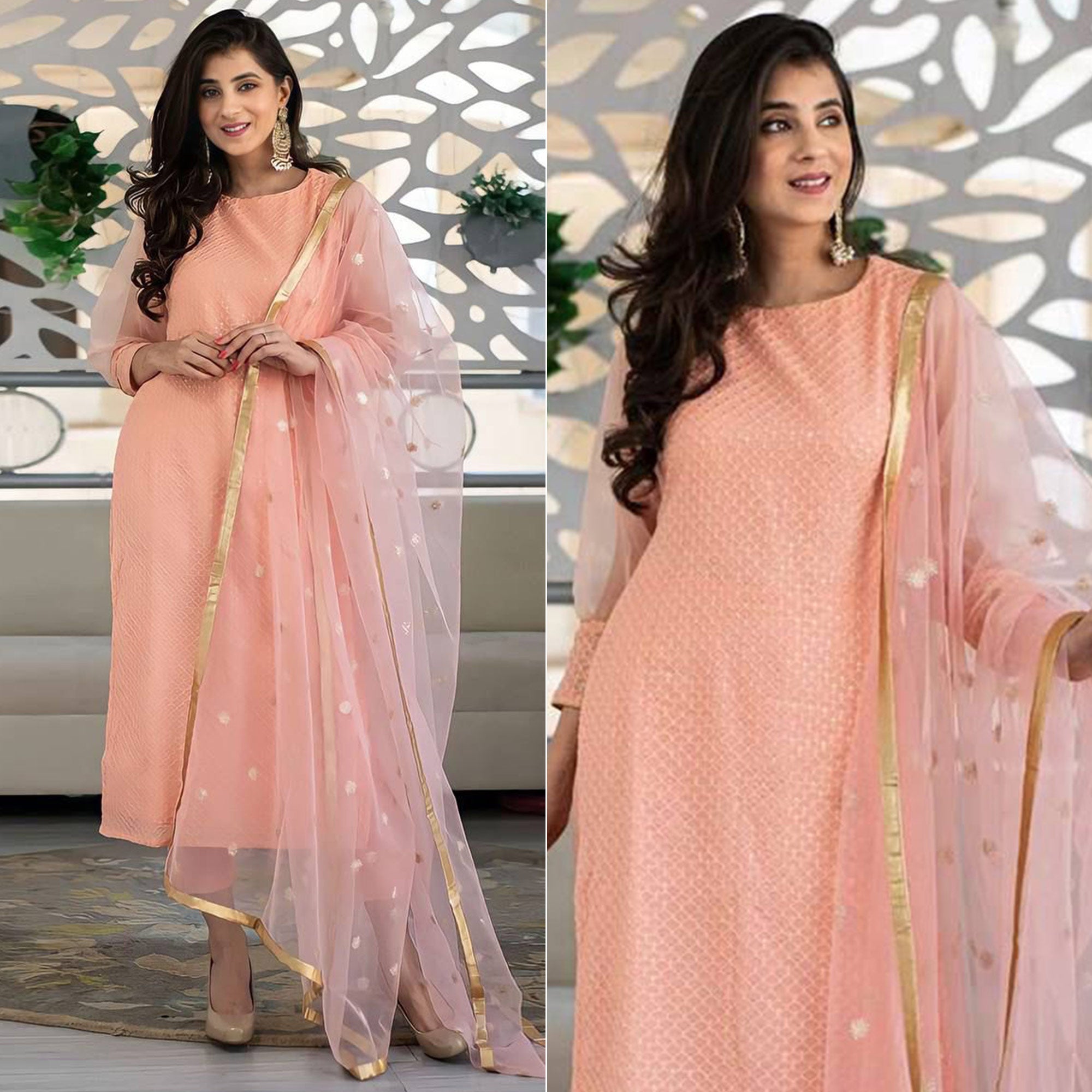 Peach Embroidered Rayon Silk Suit