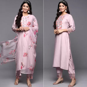Pink Floral Embroidered Viscose Suit