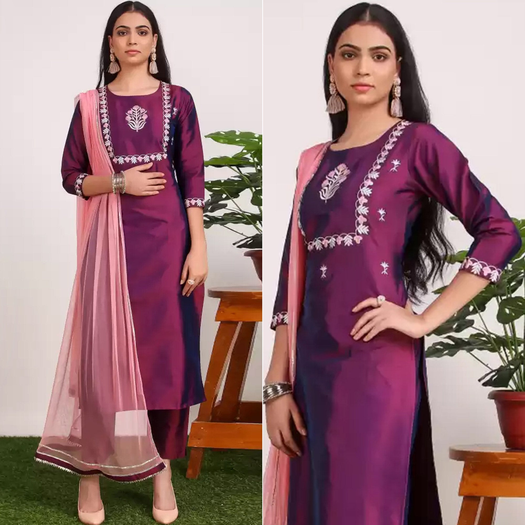 Purple Floral Embroidered Cotton Silk Suit