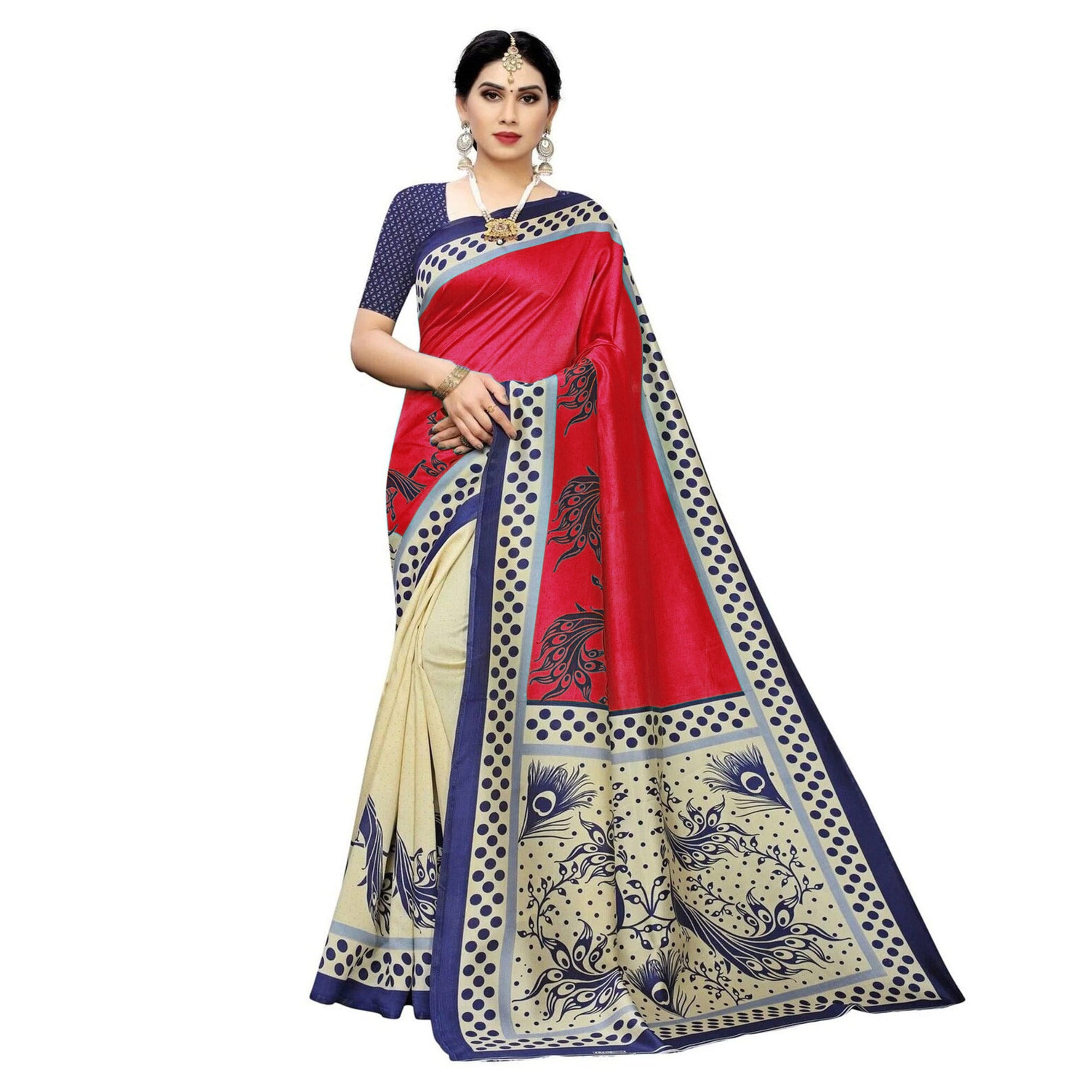 Cream Red Printed Art Silk Half N Half Saree