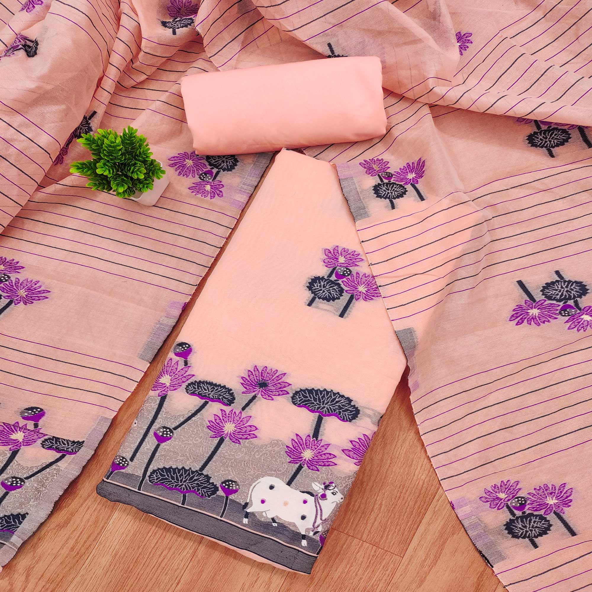 Peach Cotton Blend Dress Material With Intricate Floral Zari Weaving Detail