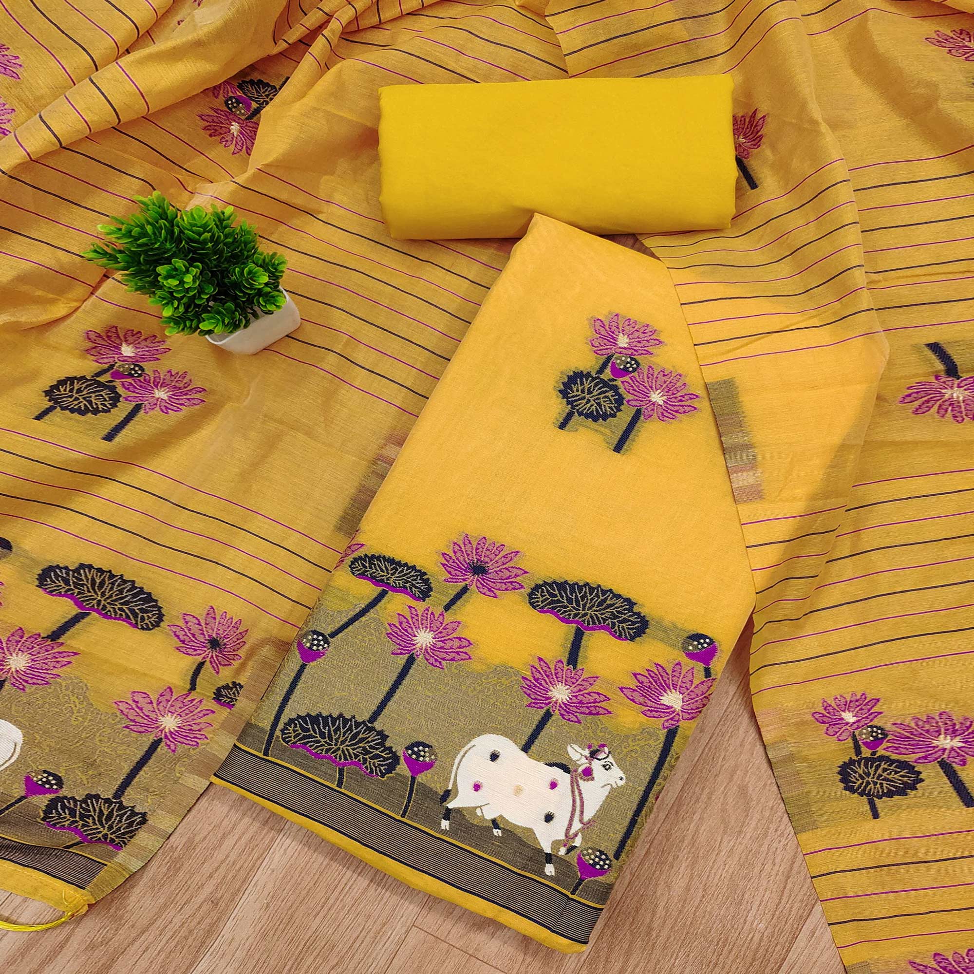 Yellow Cotton Blend Dress Material With Intricate Floral Zari Weaving Detail