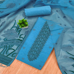 Blue Ethnic Dress Material Showcasing Handloom Style Floral Zari Weaving