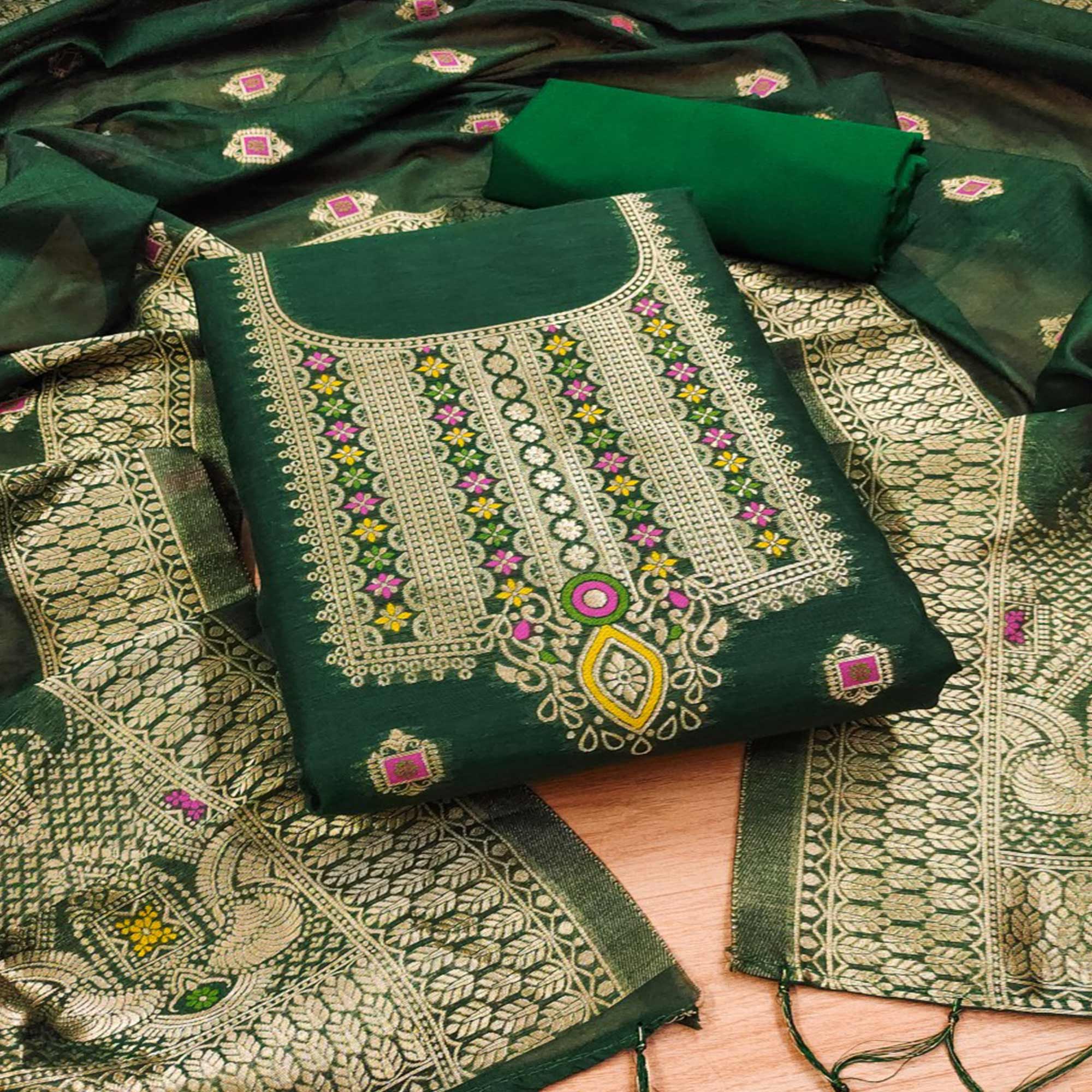 Green Floral Woven Chanderi Dress Material