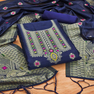 Navy Blue Floral Woven Chanderi Dress Material