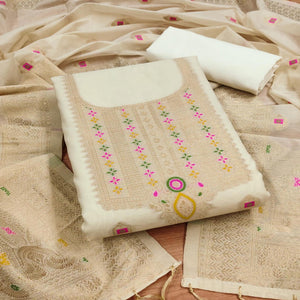 Off White Floral Woven Chanderi Dress Material