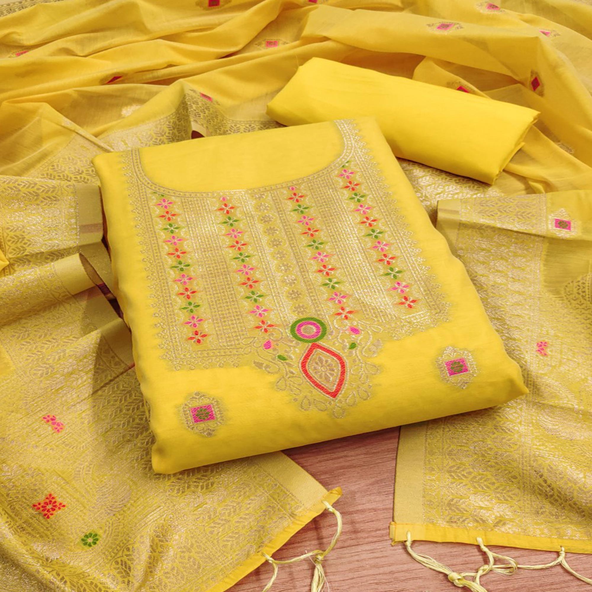 Yellow Floral Woven Chanderi Dress Material