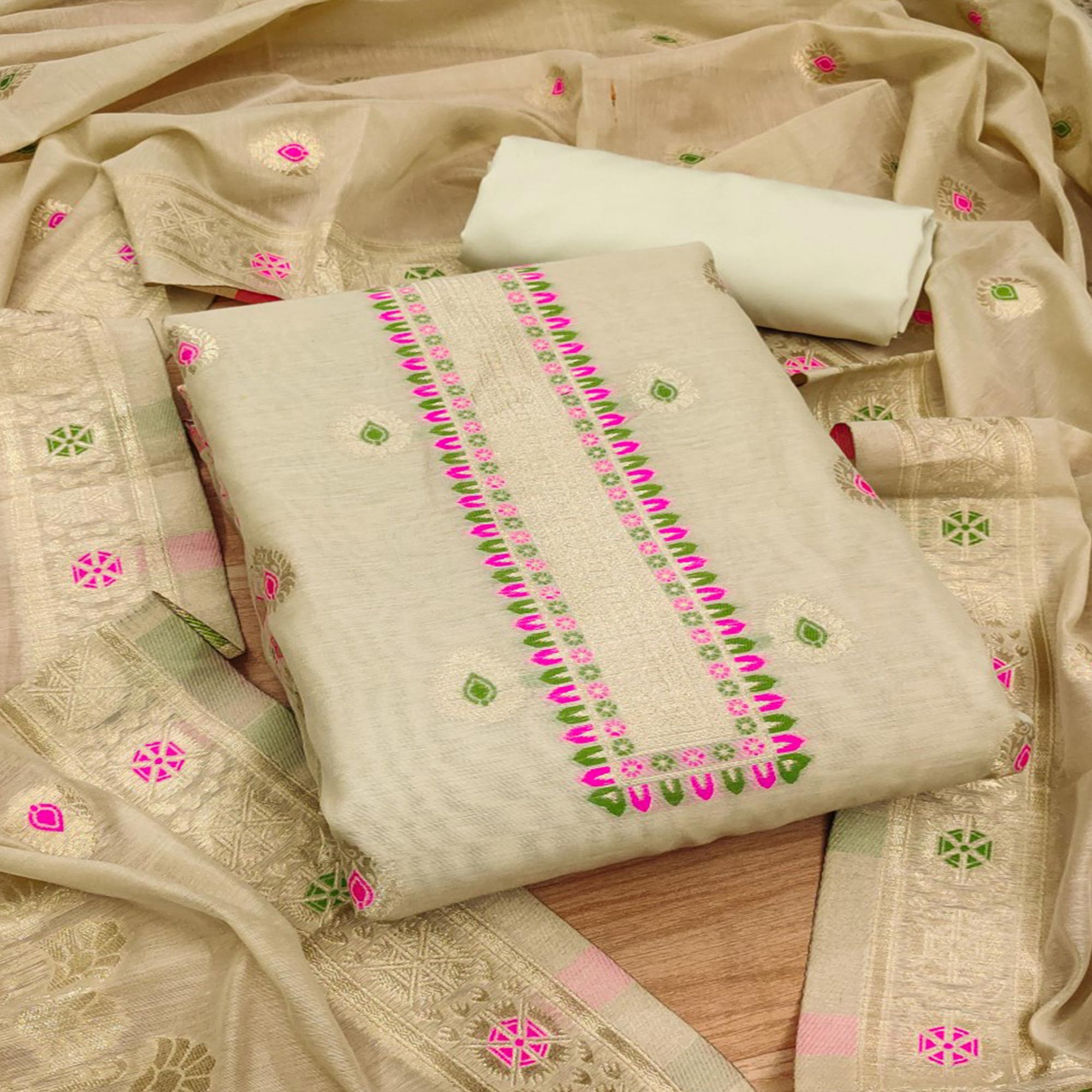 Beige Floral Woven Chanderi Dress Material