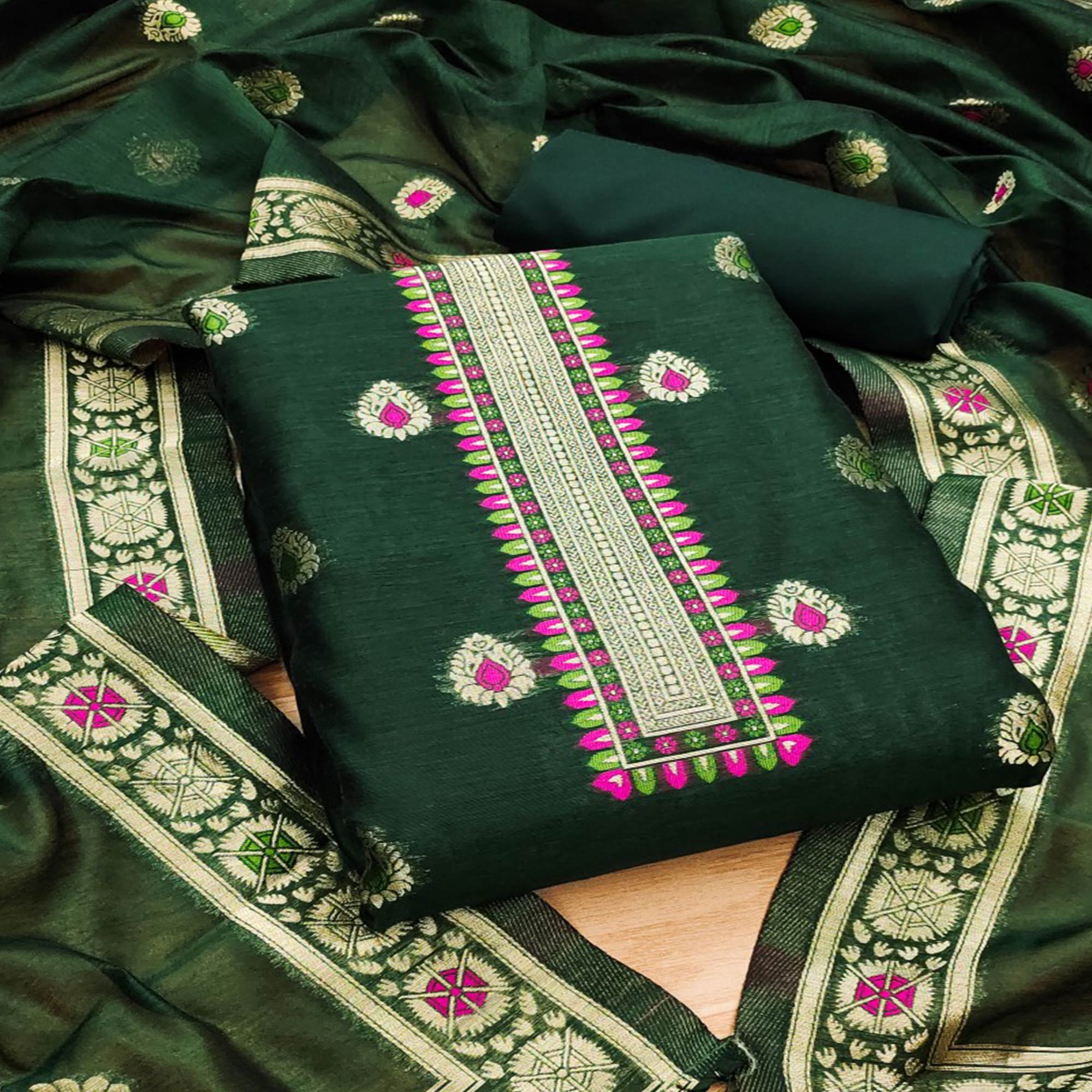 Bottle Green Floral Woven Chanderi Dress Material