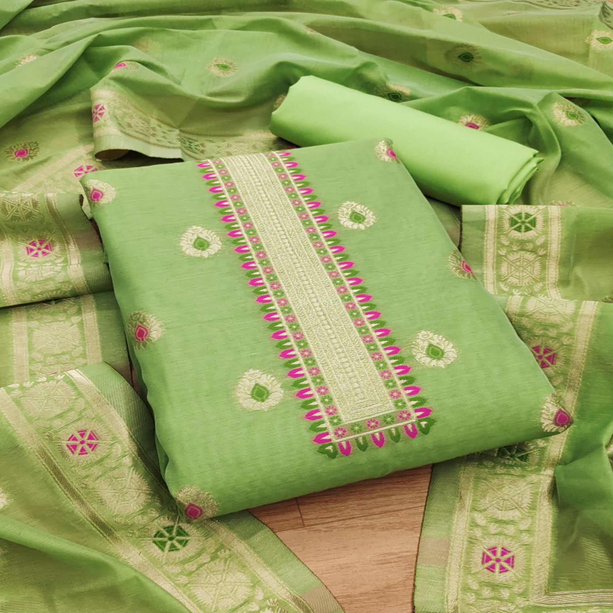 Light Green Floral Woven Chanderi Dress Material