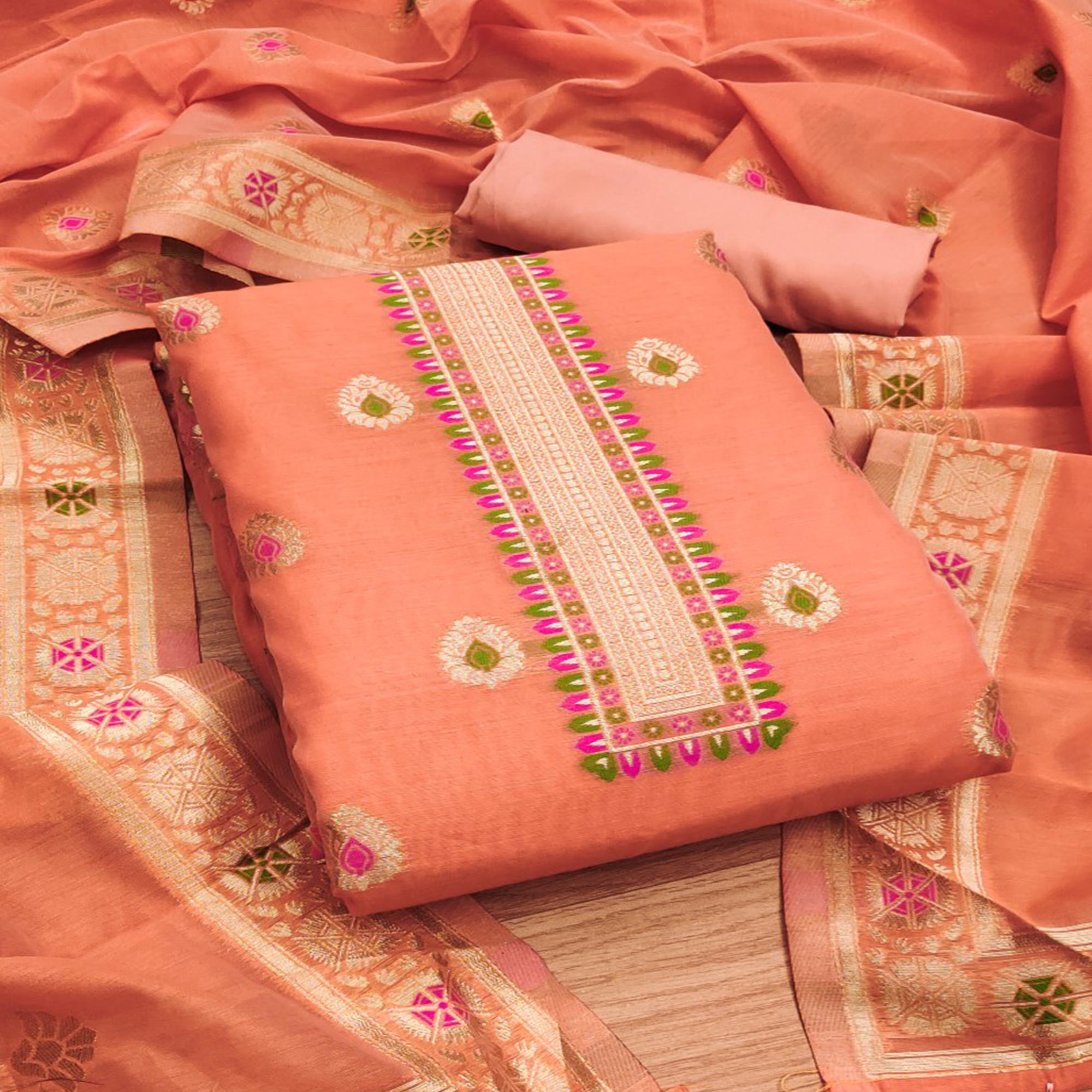 Peach Floral Woven Chanderi Dress Material