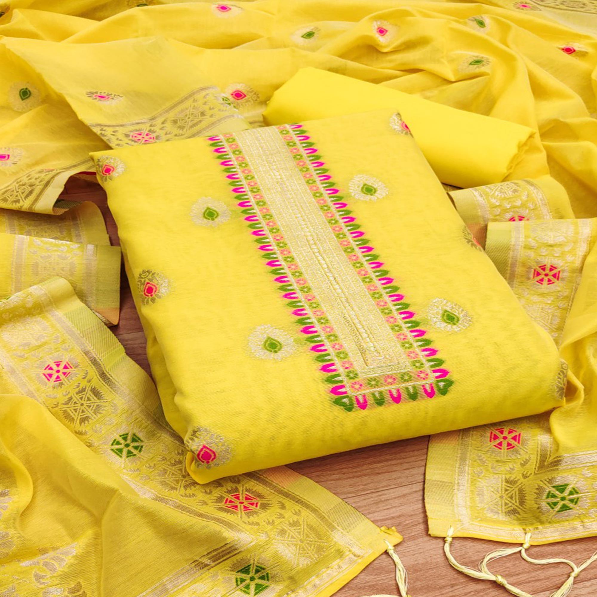 Yellow Floral Woven Chanderi Dress Material