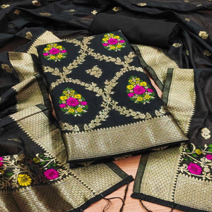 Black Floral Woven Chanderi Dress Material