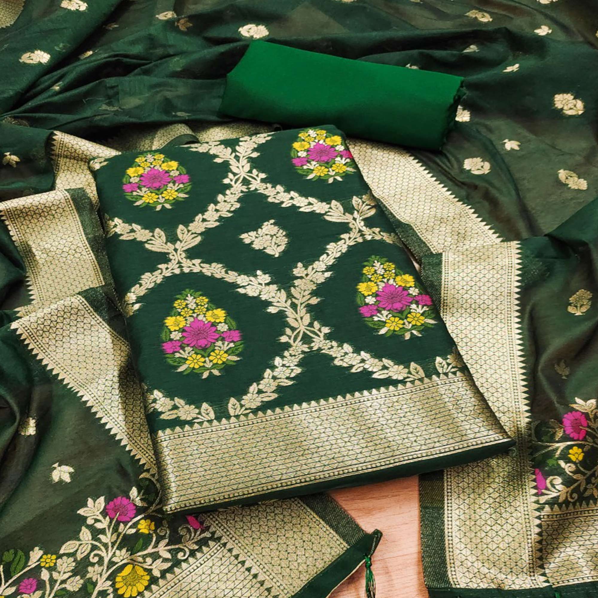 Green Floral Woven Chanderi Dress Material