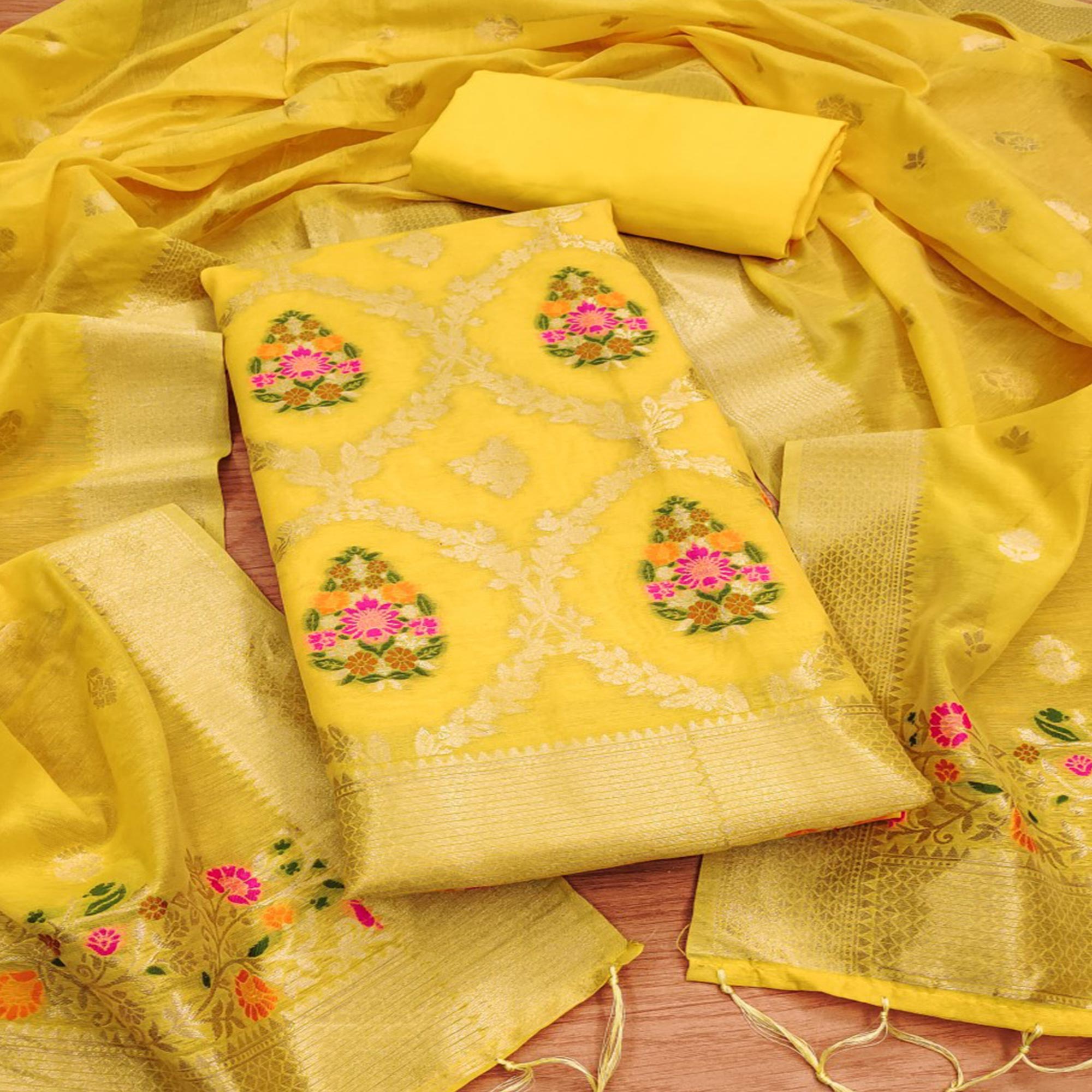 Yellow Floral Woven Chanderi Dress Material