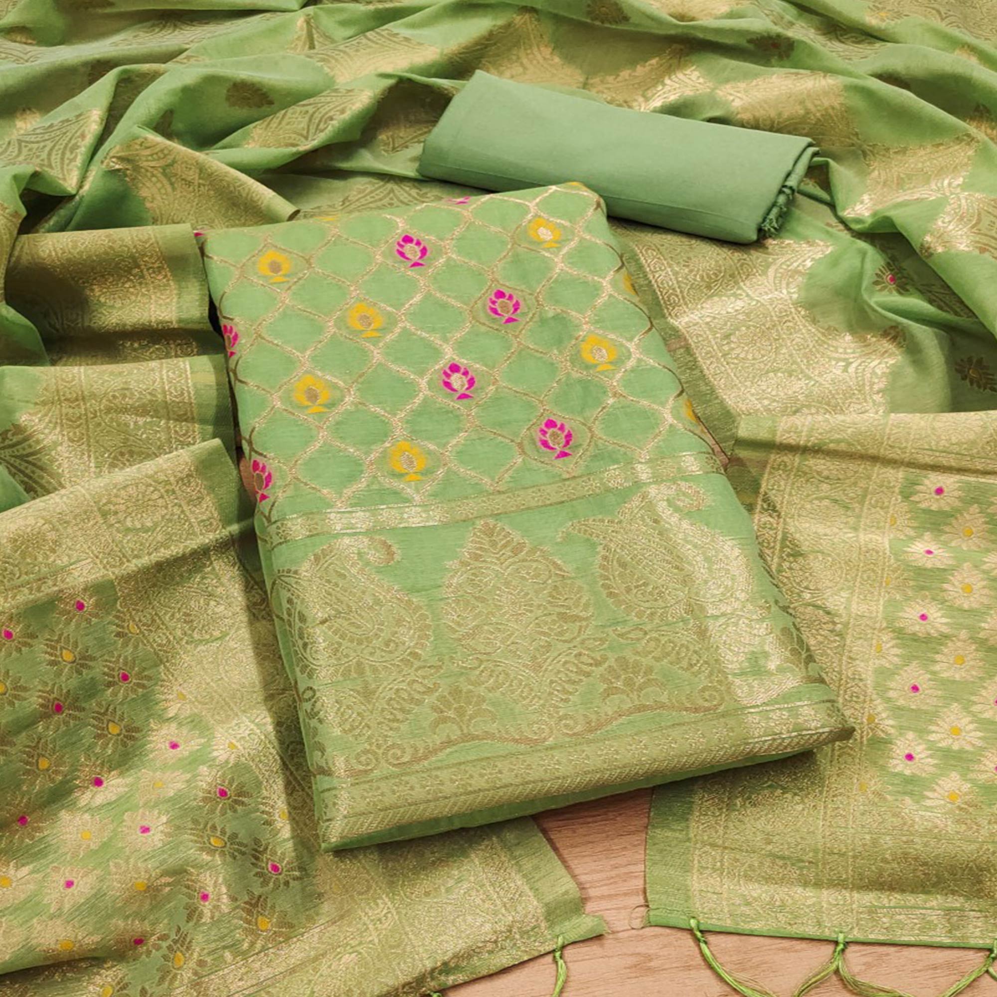 Green Woven Chanderi Dress Material