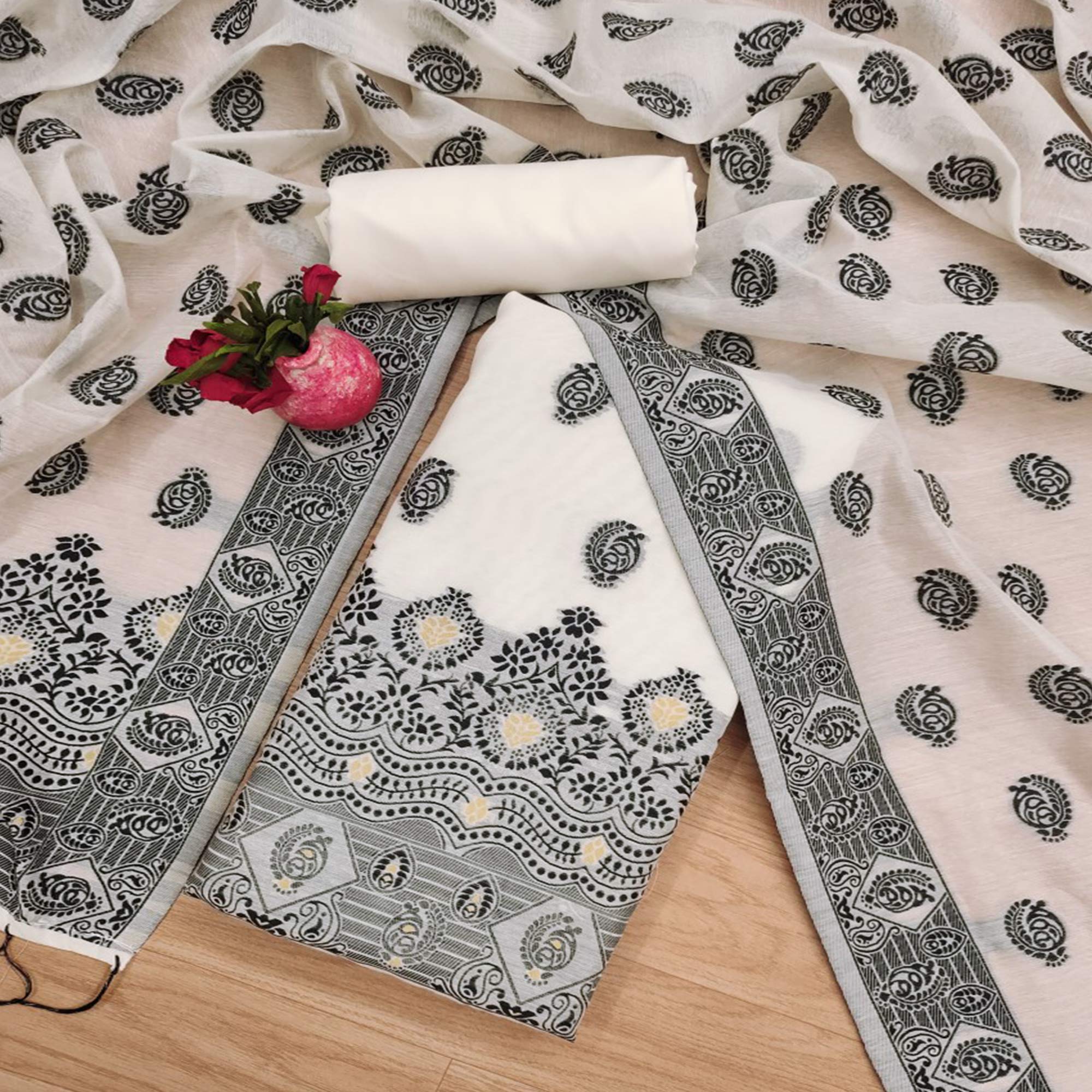 Offwhite & Black Floral Woven Chanderi Dress Material