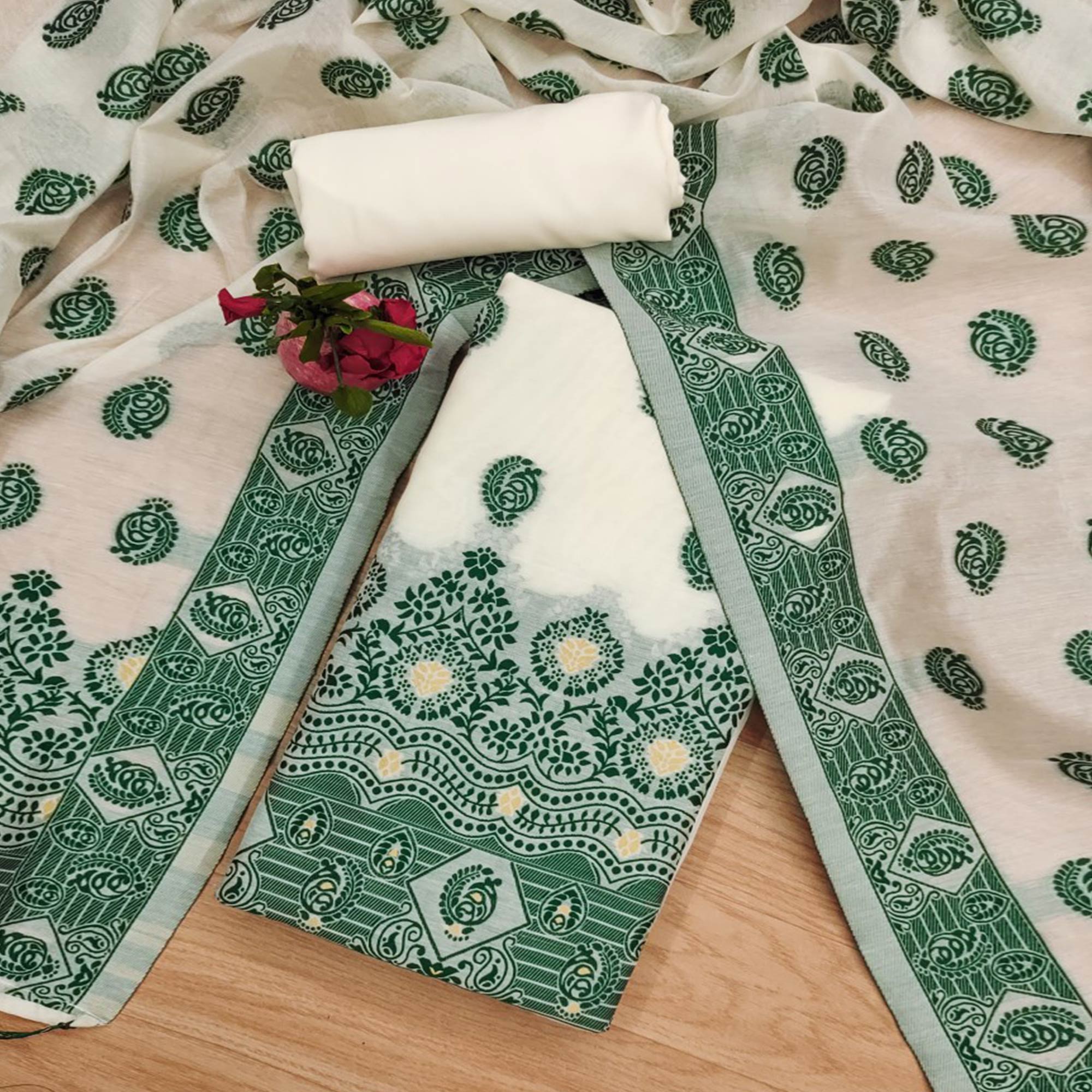 Offwhite & Green Floral Woven Chanderi Dress Material