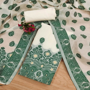 Offwhite & Green Floral Woven Chanderi Dress Material
