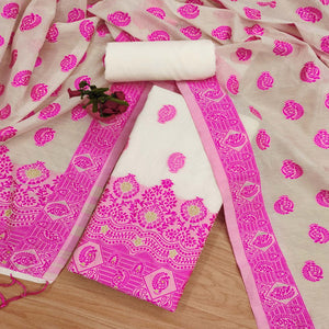 Offwhite & Pink Floral Woven Chanderi Dress Material