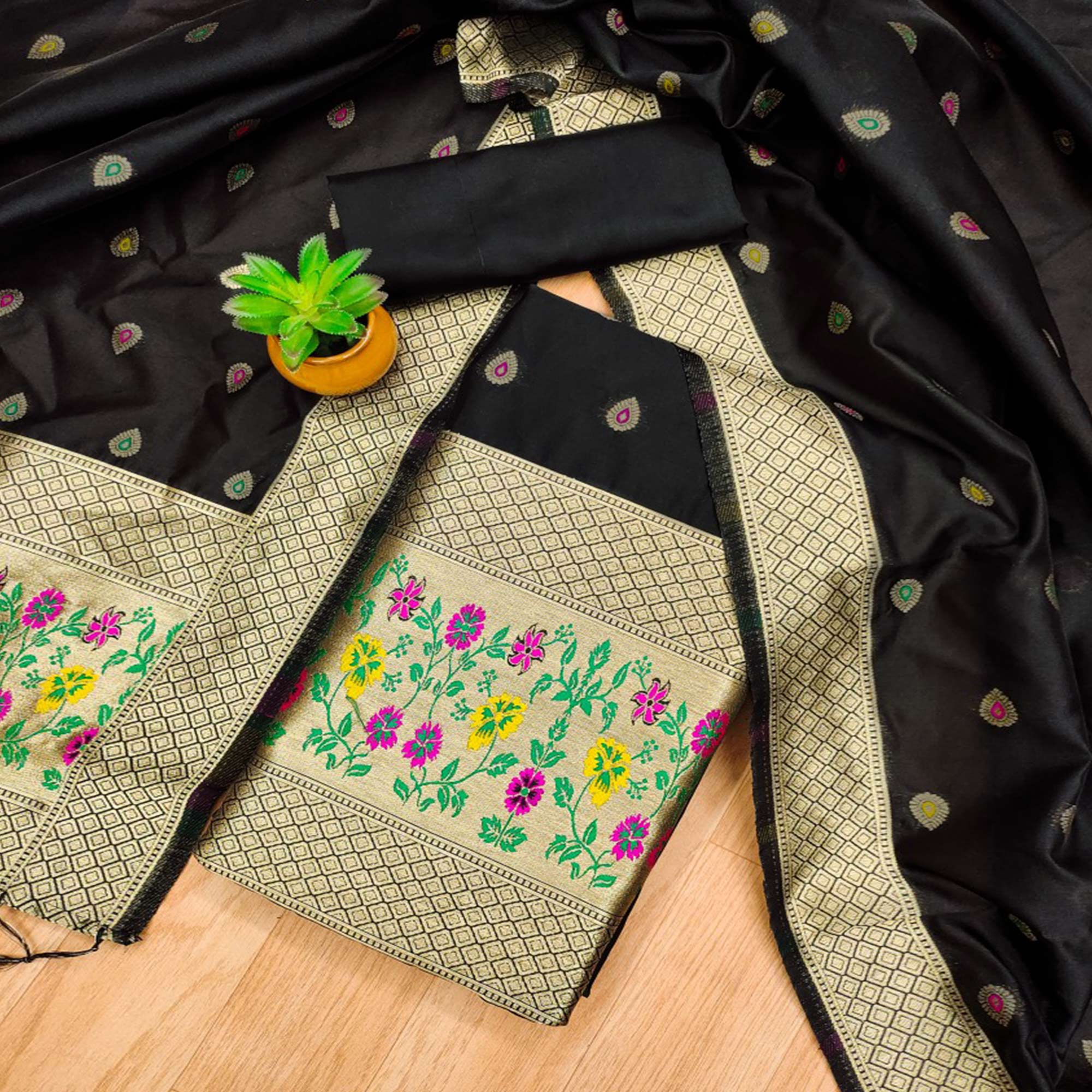 Black Floral Zari Woven Banarasi Silk Dress Material