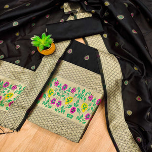 Black Floral Zari Woven Banarasi Silk Dress Material