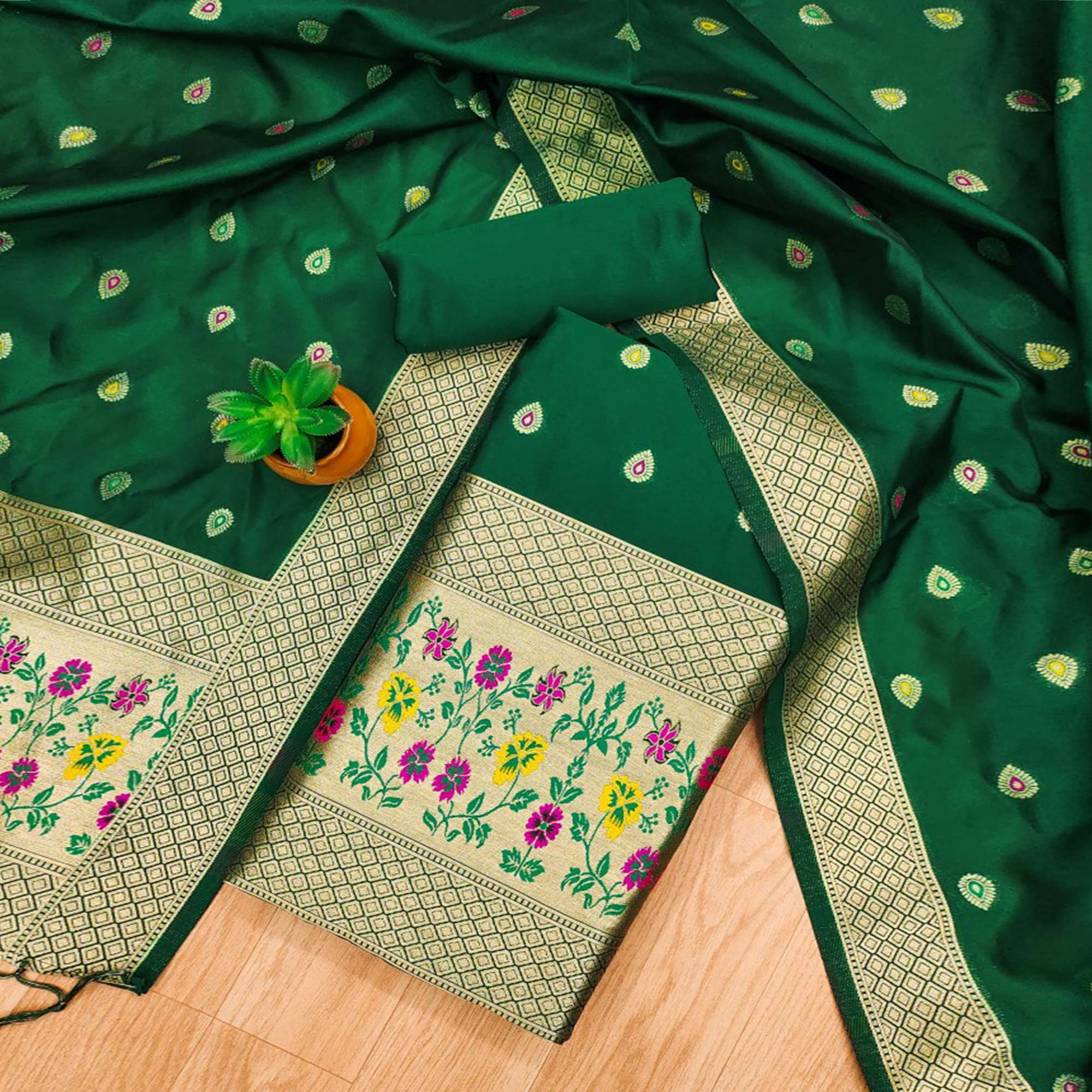 Green Floral Zari Woven Banarasi Silk Dress Material