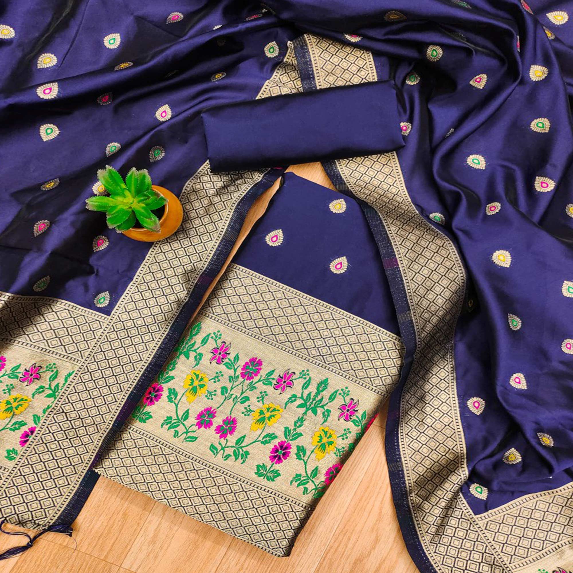 Navy Blue Floral Zari Woven Banarasi Silk Dress Material