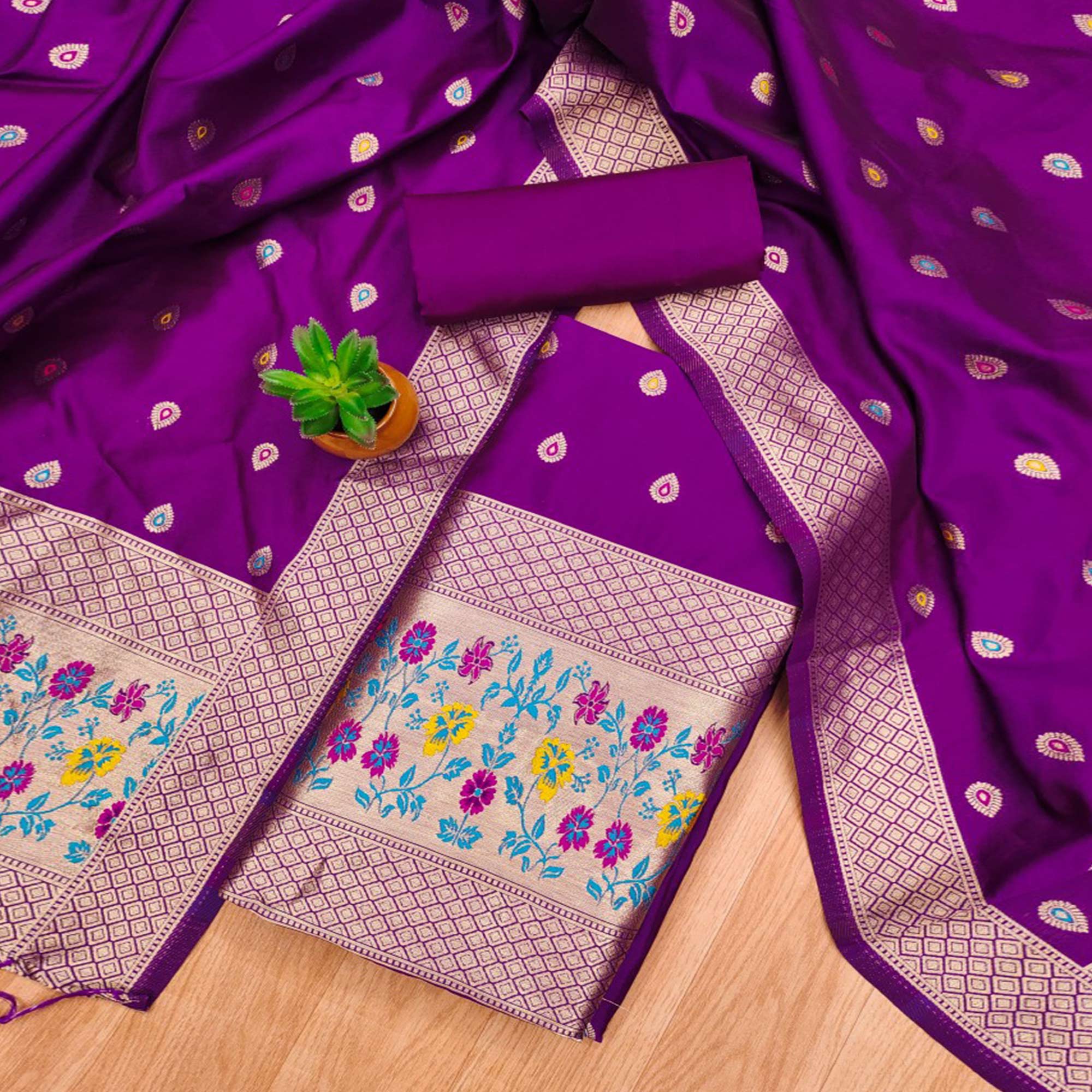 Purple Floral Zari Woven Banarasi Silk Dress Material
