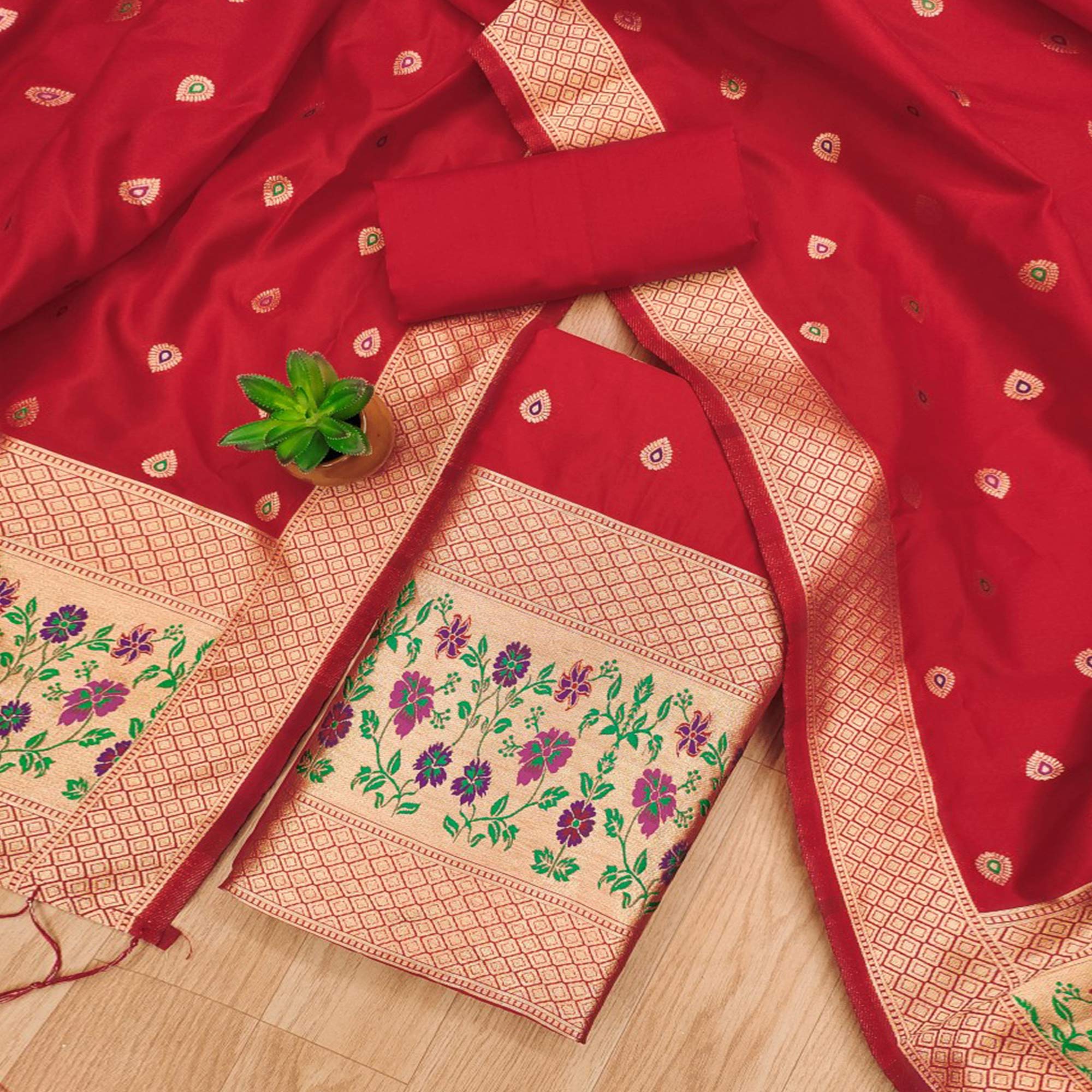 Red Floral Zari Woven Banarasi Silk Dress Material